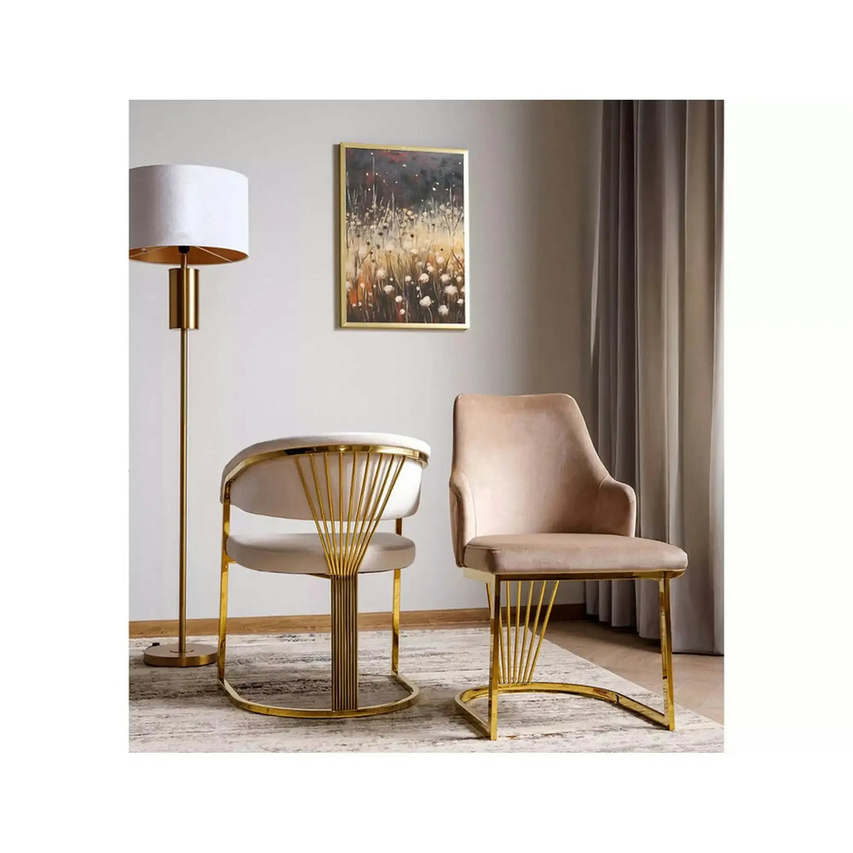 Scaun bej tapitat CROWN, stofa catifelata/metal, 57x64x77 cm
