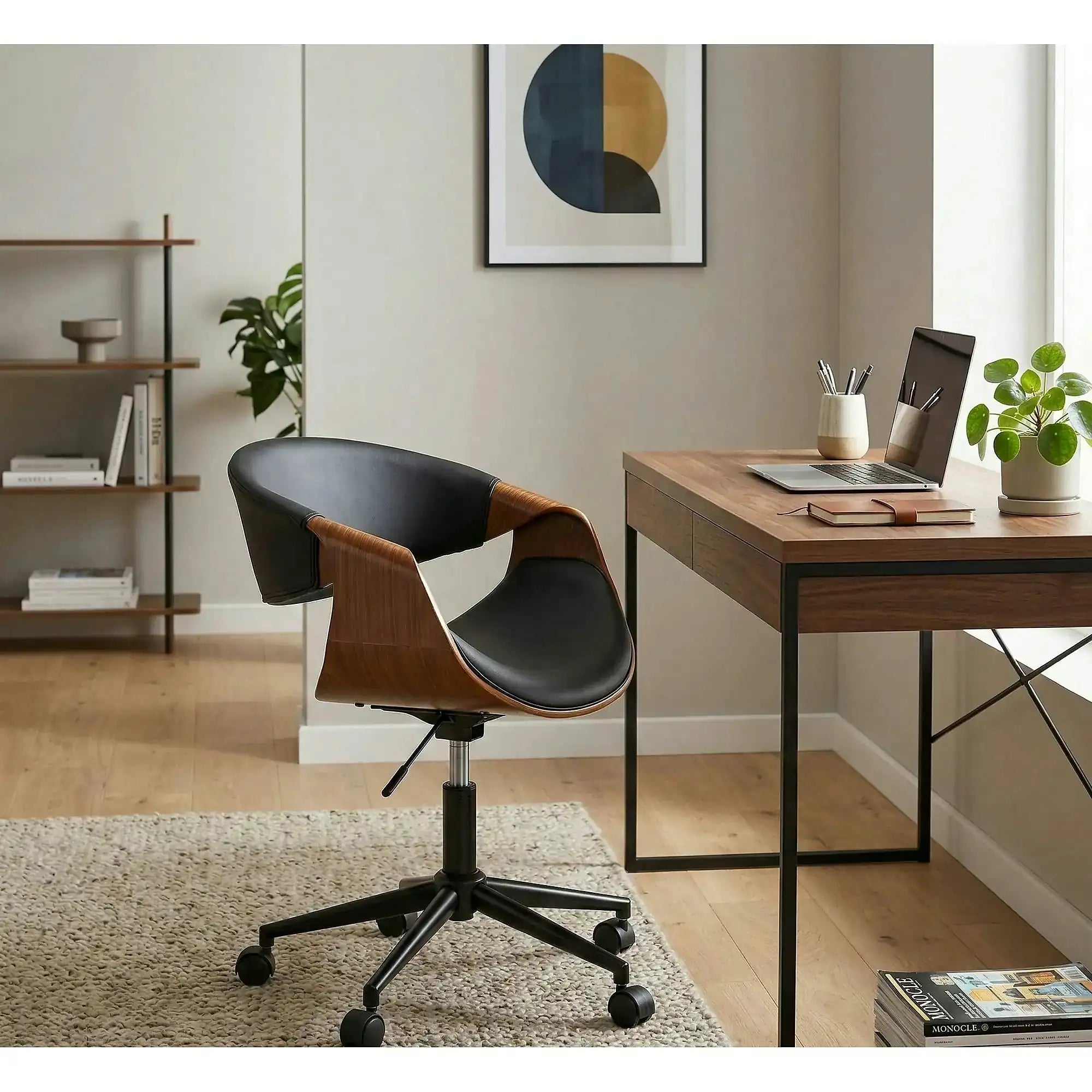 Scaun birou BILBO, nuc/negru, placaj/piele ecologica/metal, 55x55x72/82 cm