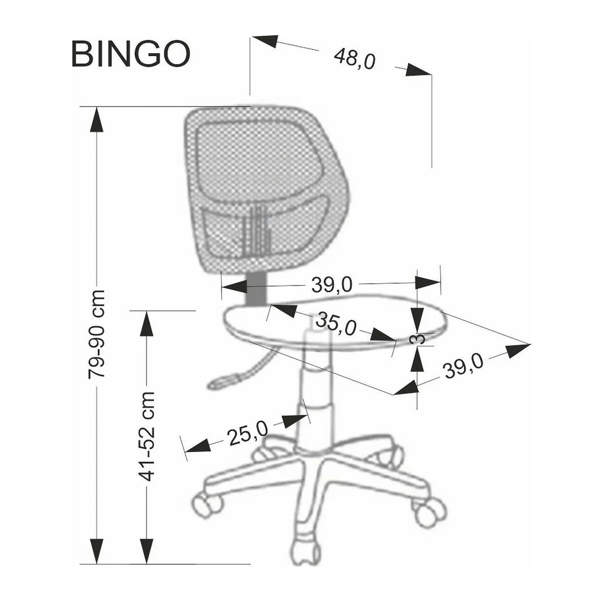 Scaun birou BINGO, negru, stofa clasica/polipropilena, 39x48x79-90 cm