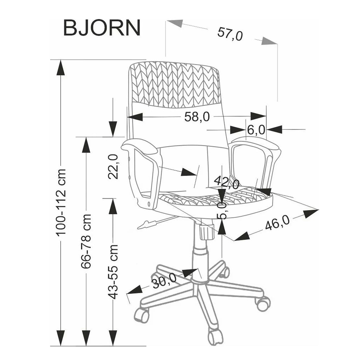 Scaun birou BJORN, negru, piele ecologica, 58x57x100/112 cm