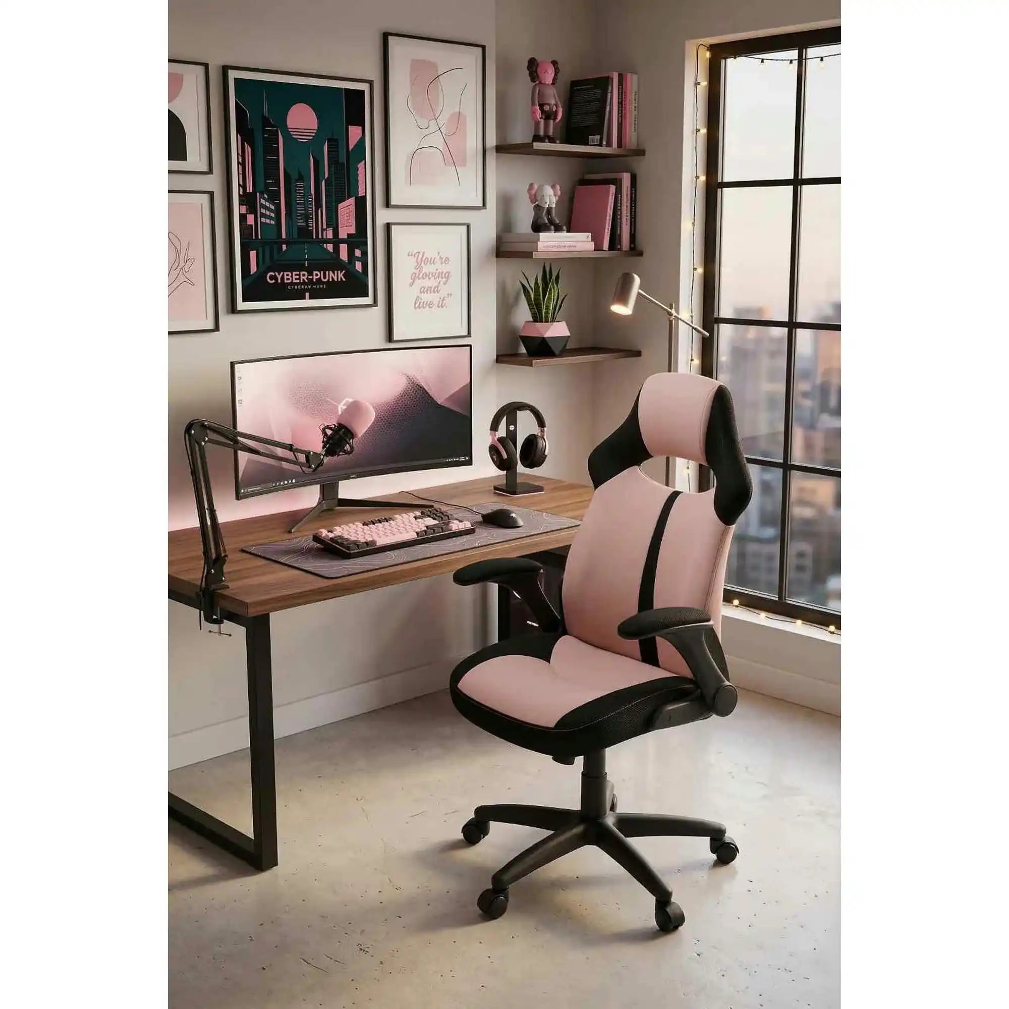 Scaun birou BLOOM, roz/negru, stofa clasica/metal, 65x60x110/120 cm