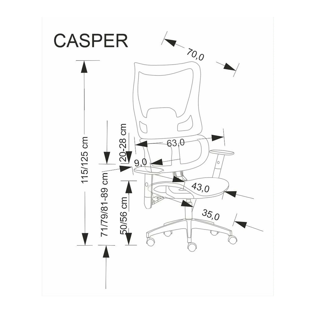 Scaun birou CASPER, negru/crom, plasa/polipropilena, 63x70x115/125 cm