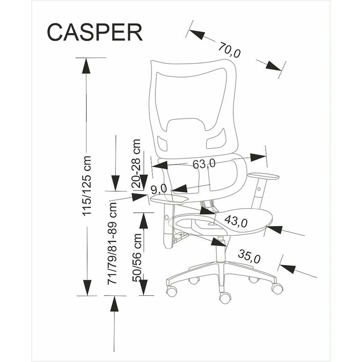 Scaun birou CASPER, negru/crom, plasa/polipropilena, 63x70x115/125 cm
