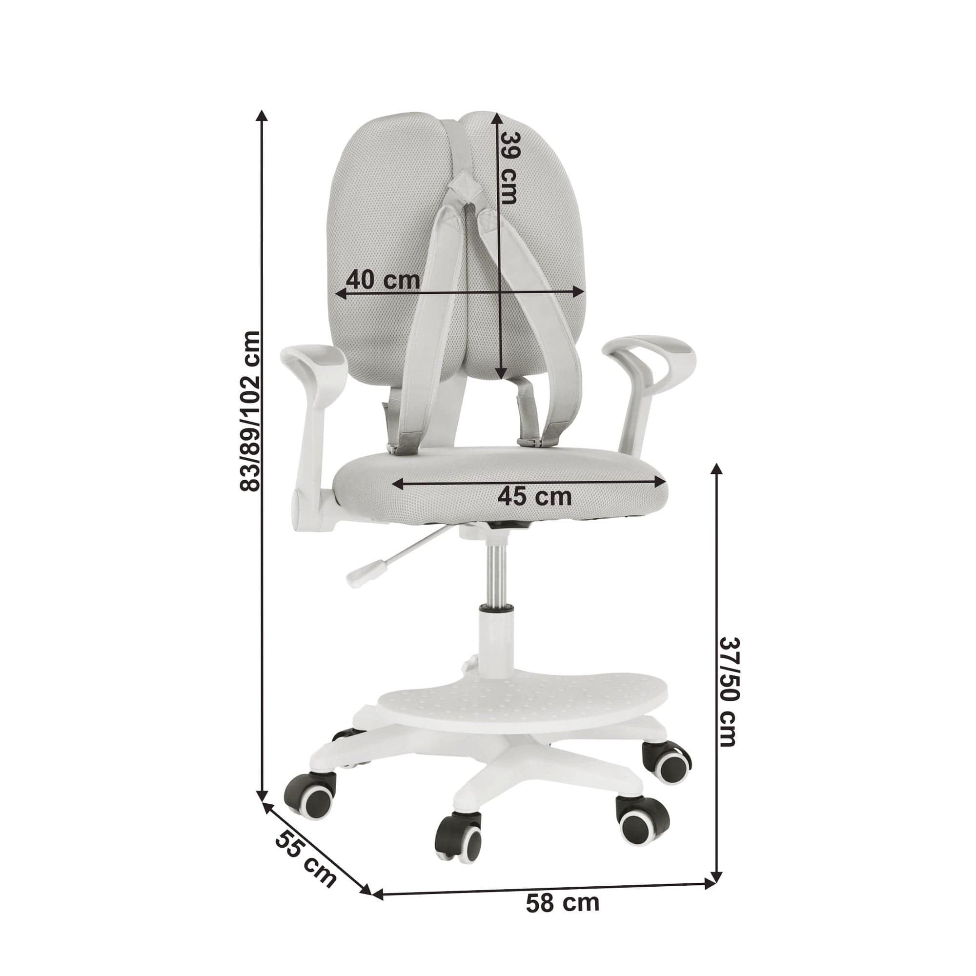 Scaun birou copii ANAIS, alb/gri, plastic/plasa, 58x55x83-102 cm