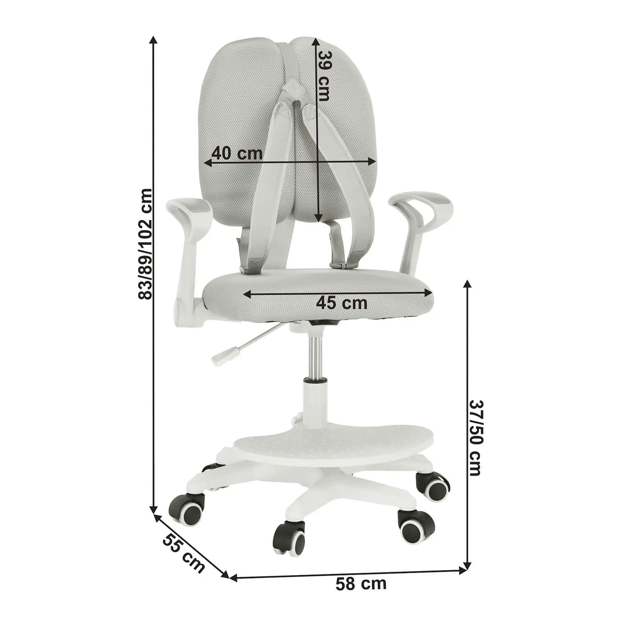 Scaun birou copii ANAIS, alb/gri, plastic/plasa, 58x55x83-102 cm