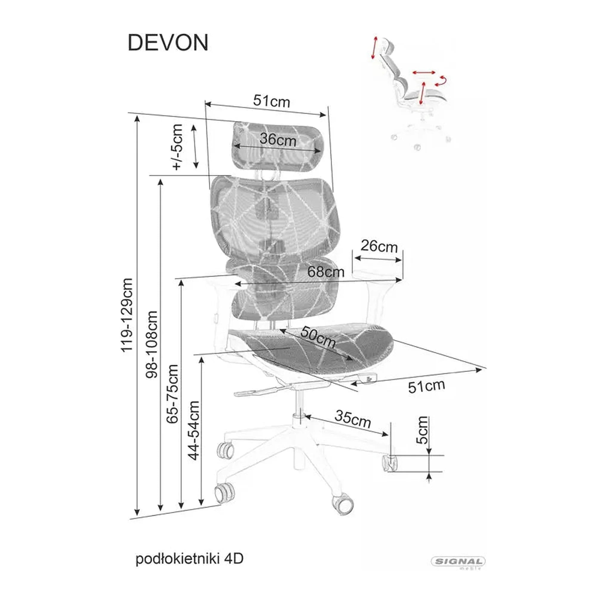 Scaun birou DEVON, negru, plasa/metal, 68x50x119/129 cm