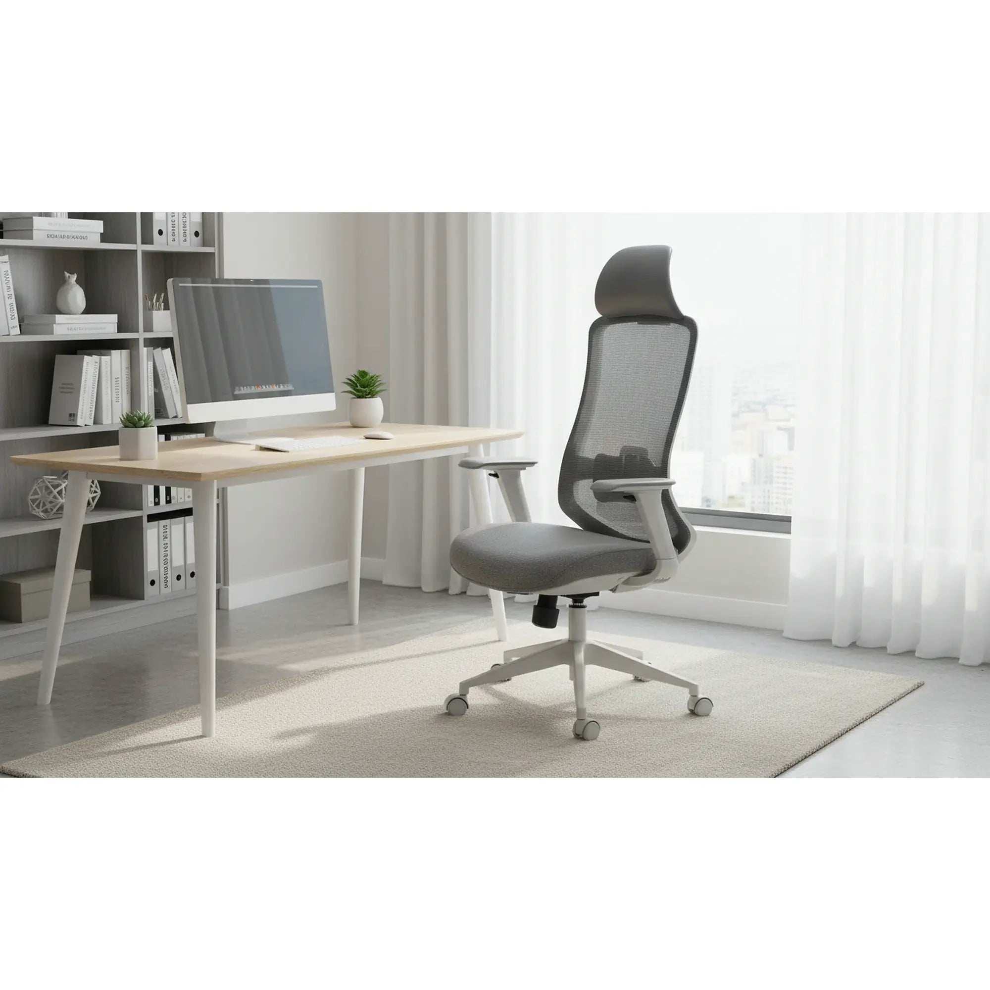 Scaun birou ERGON, gri, piele ecologica/plasa/stofa, 64x49x112/122 cm