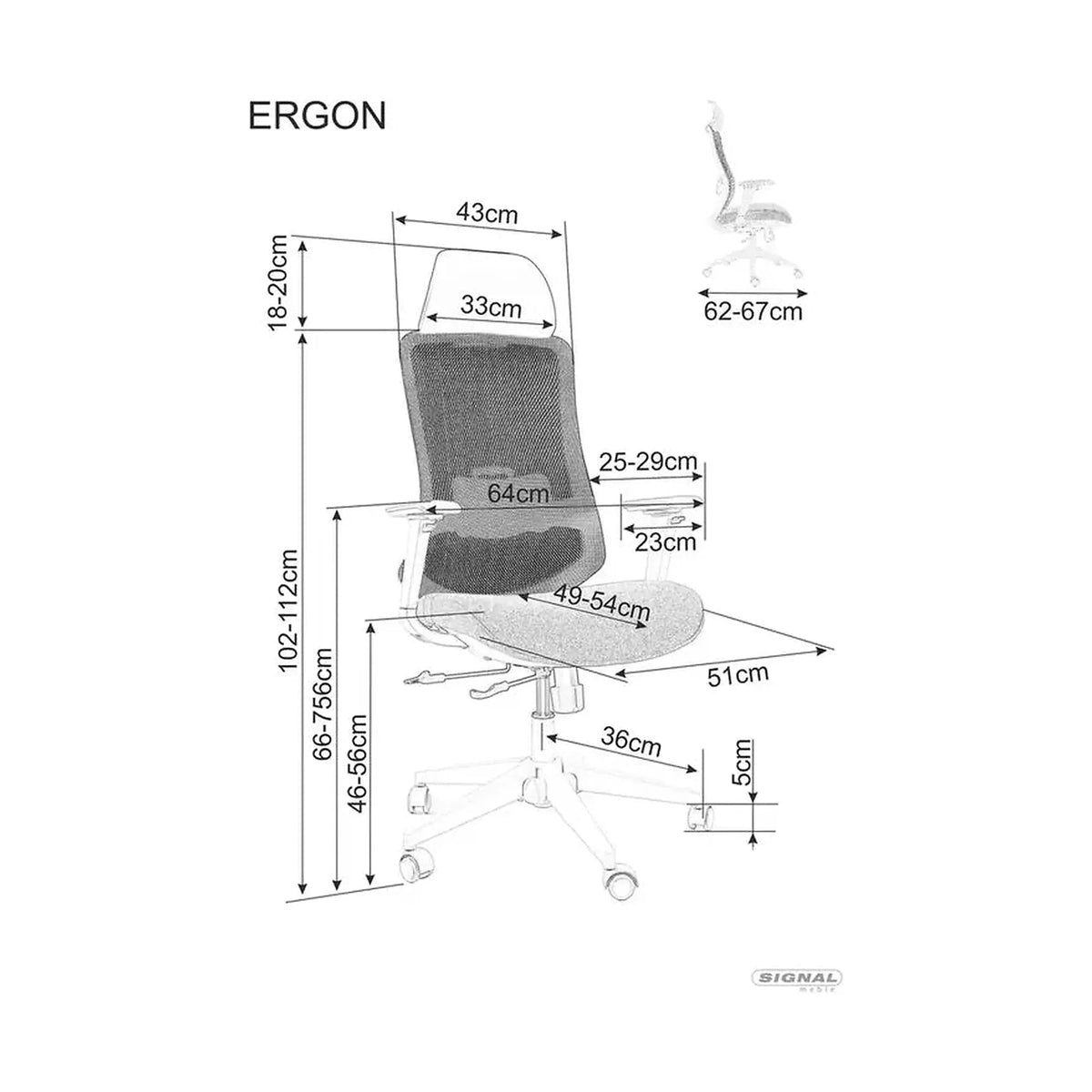 Scaun birou ERGON, negru, piele ecologica/plasa/stofa, 64x49x112/122 cm