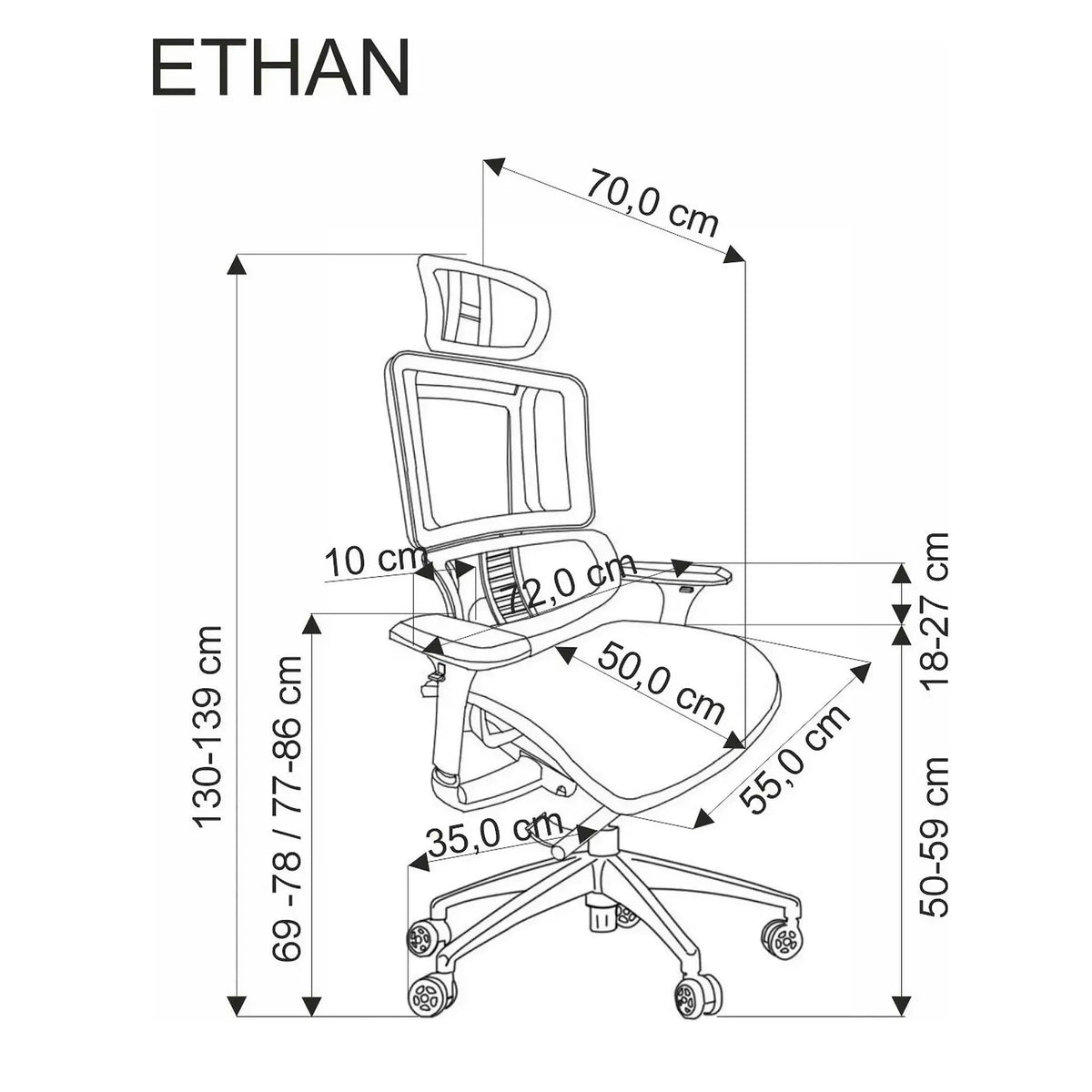 Scaun birou ETHAN, gri, plasa/metal, 72x70x130/139 cm
