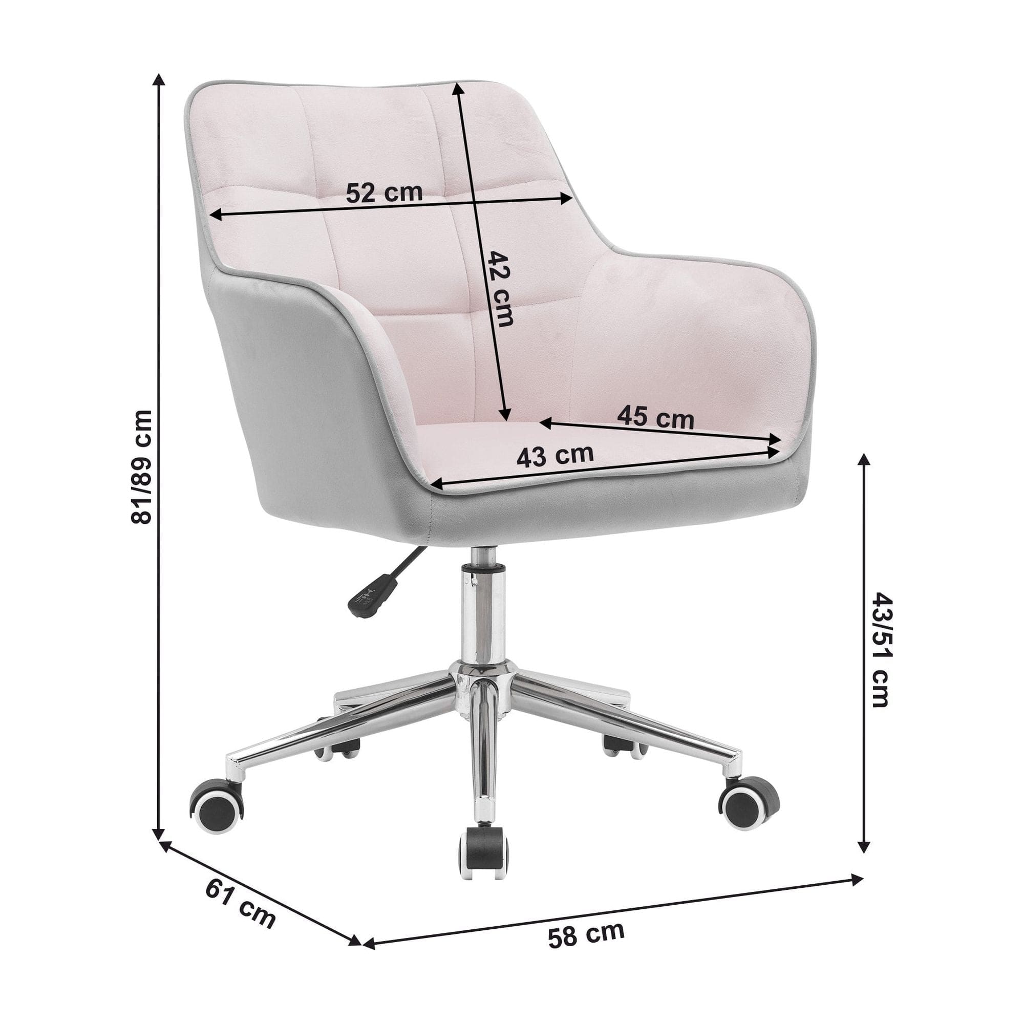Scaun birou FELTON NEW, roz/gri/crom, stofa catifelata/metal, 58x61x81/89 cm