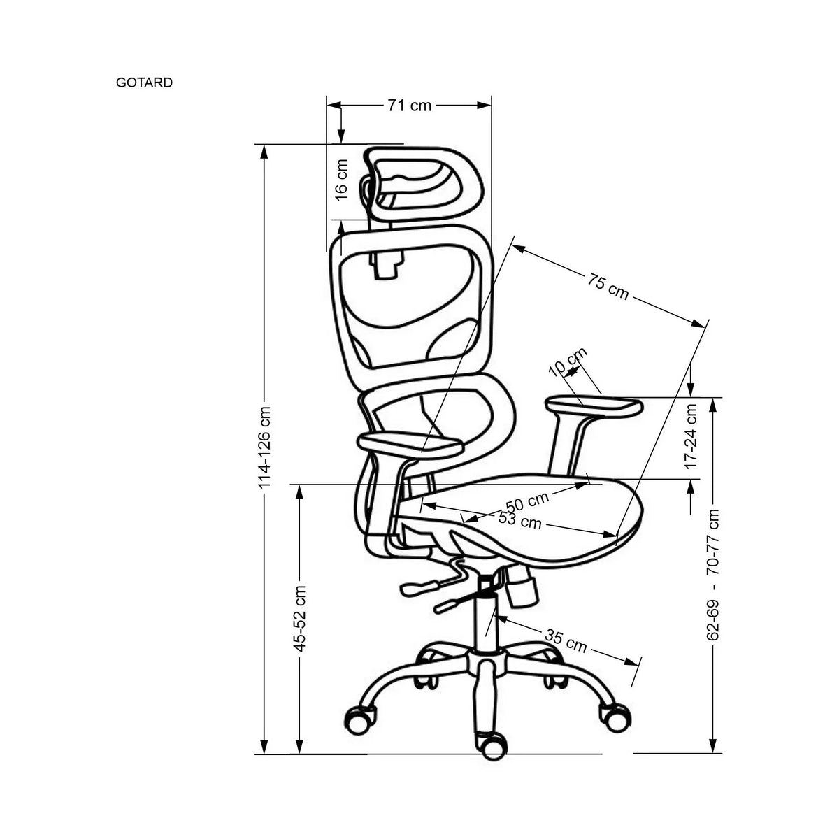 Scaun birou GOTARD, negru, stofa clasica, tetiera/cotiere reglabile, 71x75x114 cm