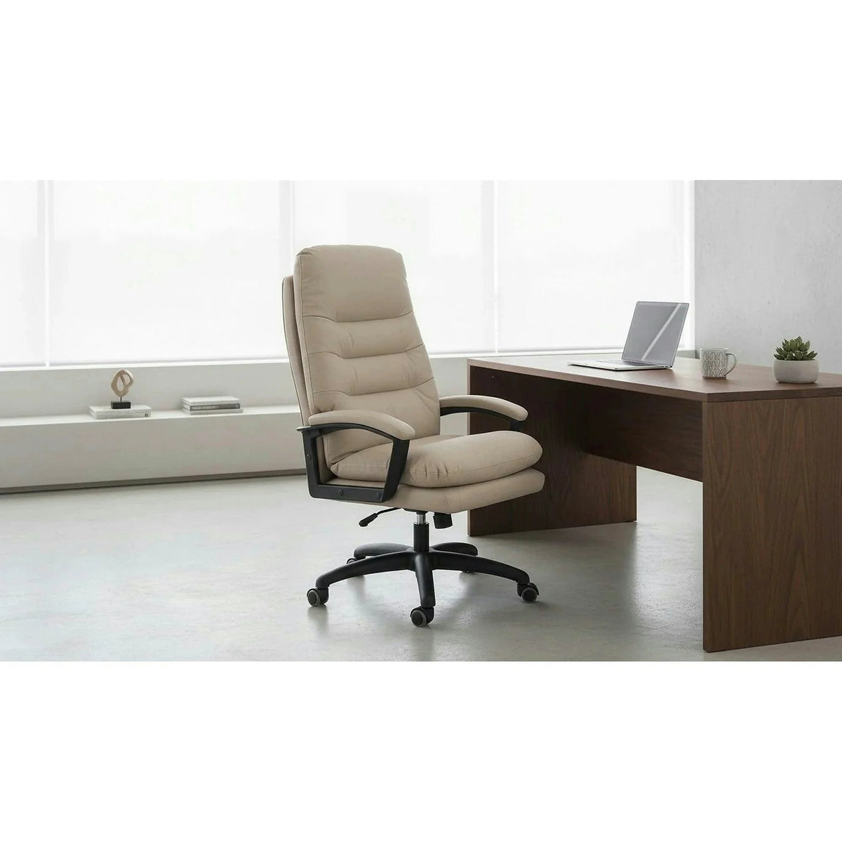 Scaun birou HARBOR, bej/negru, piele ecologica, 65x72x112-118 cm