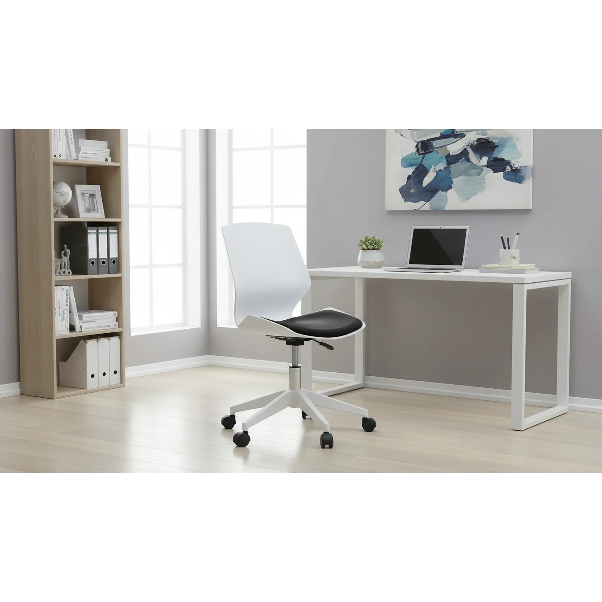 Scaun birou KILI, alb/negru, stofa/plastic, 53x49x82/92 cm