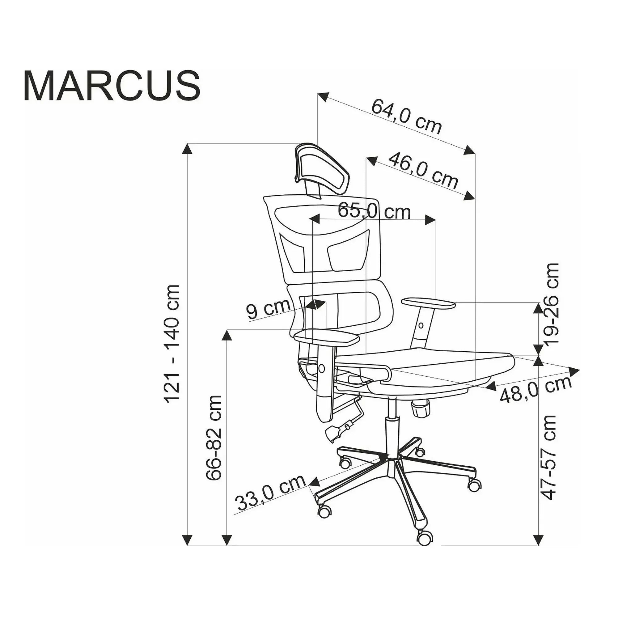 Scaun birou MARCUS, negru, plasa/metal, 65x64x121/140 cm