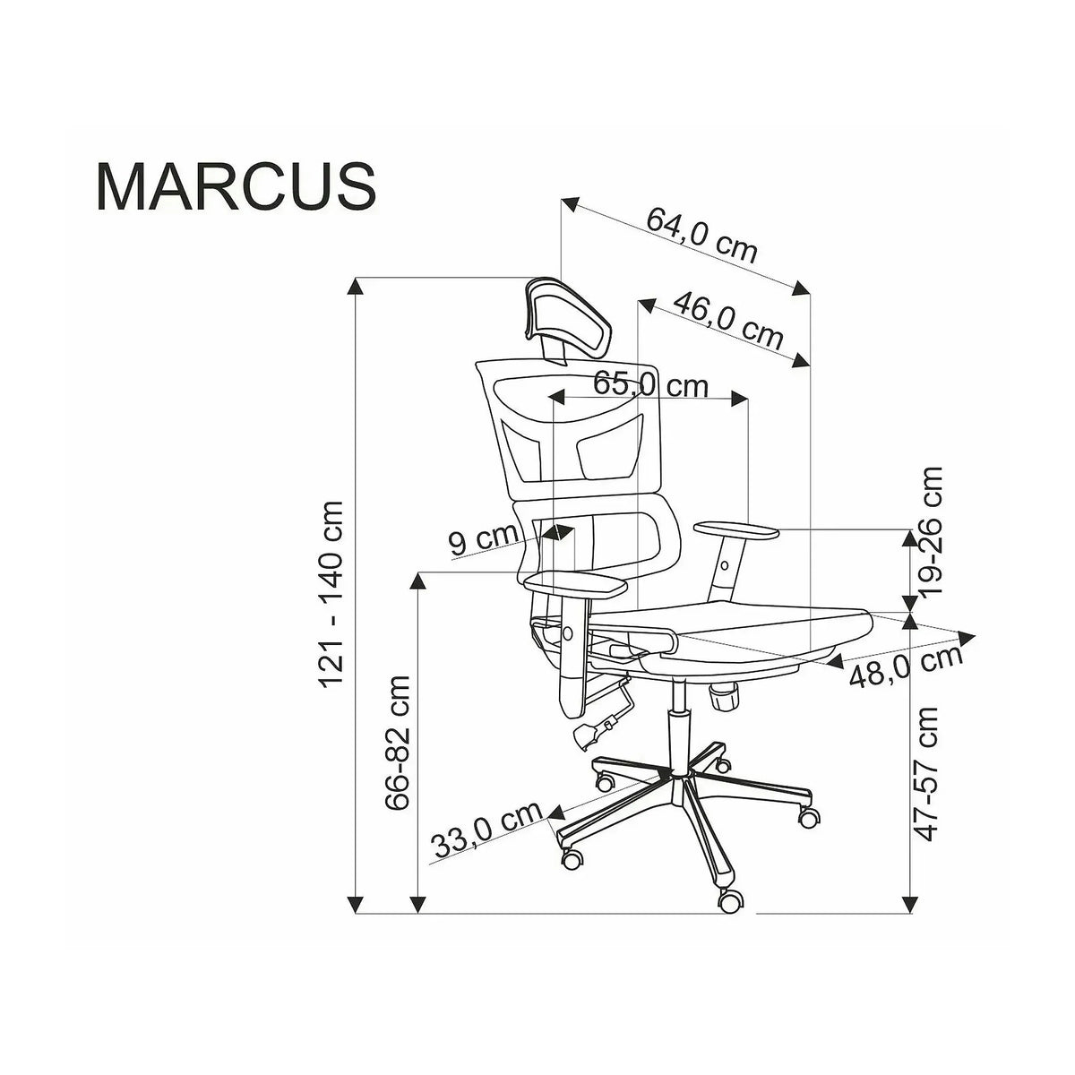 Scaun birou MARCUS, negru, plasa/metal, 65x64x121/140 cm