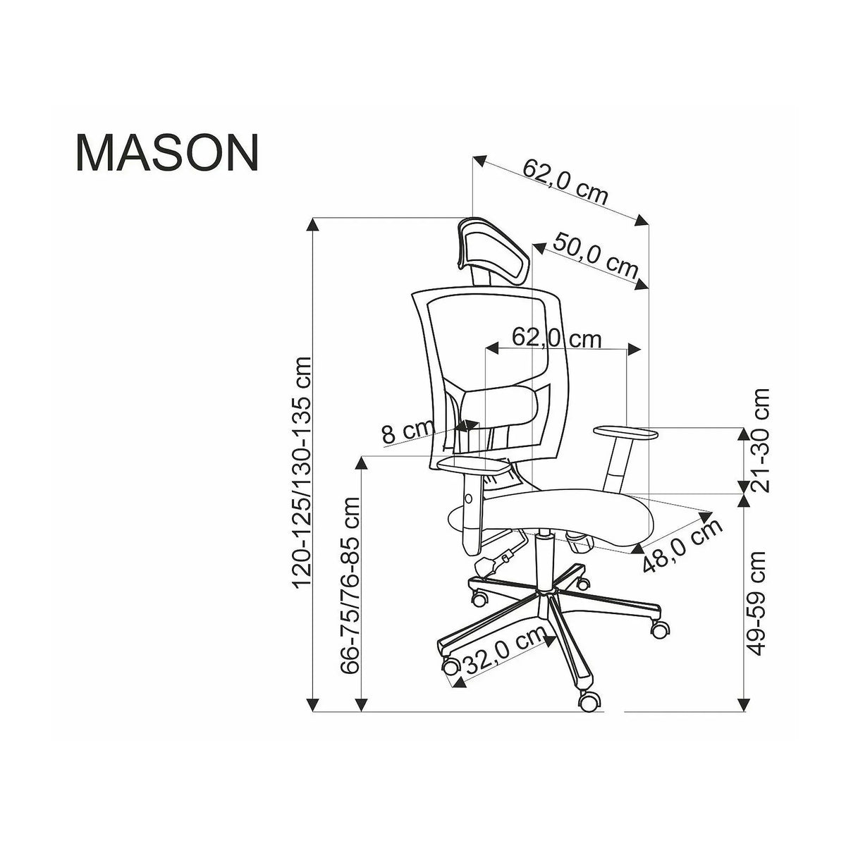 Scaun birou MASON, negru, stofa/plasa, 62x62x120/130 cm