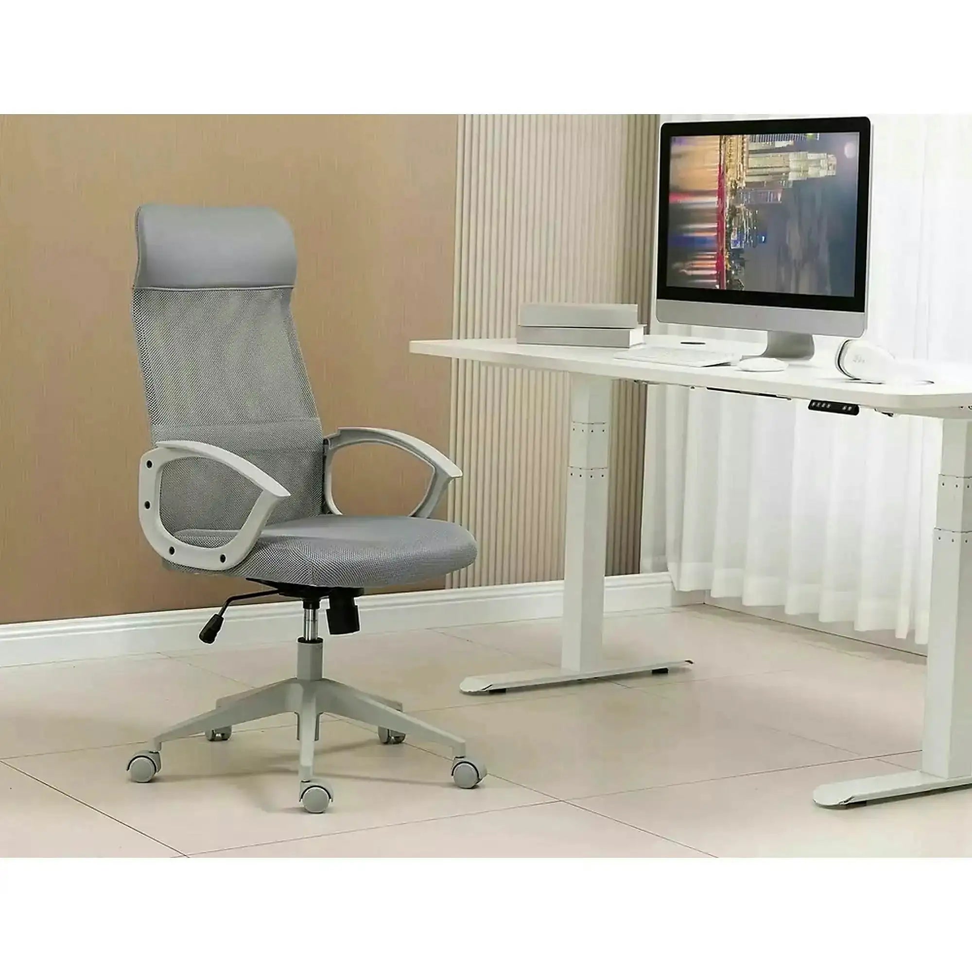 Scaun birou Q-026, gri, piele ecologica/plasa, 59x48x107/117 cm