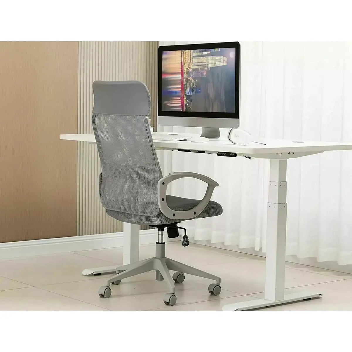 Scaun birou Q-026, gri, piele ecologica/plasa, 59x48x107/117 cm