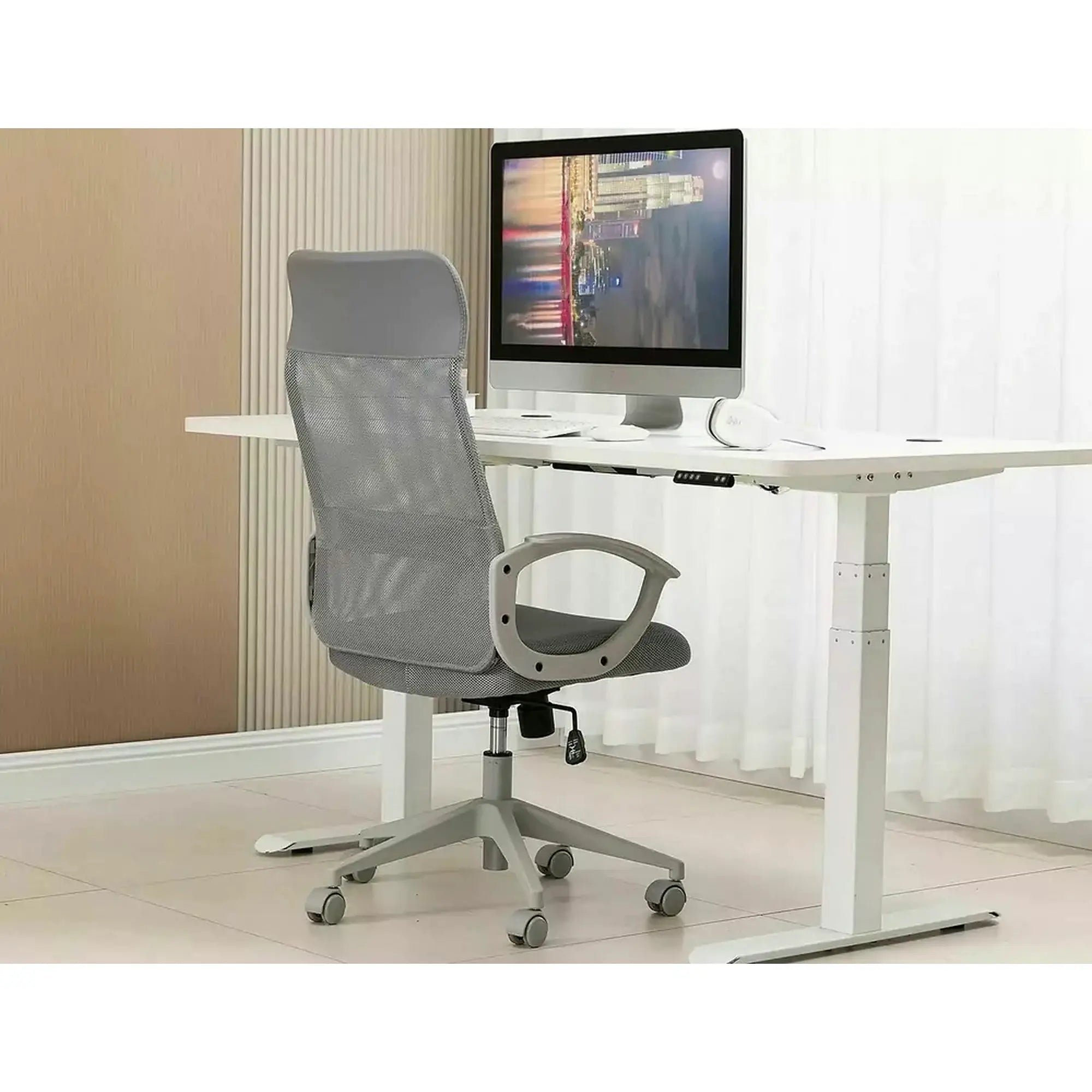 Scaun birou Q-026, gri, piele ecologica/plasa, 59x48x107/117 cm