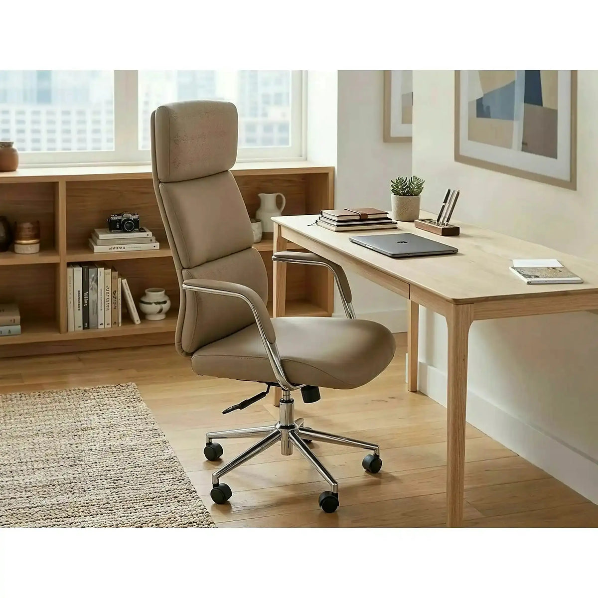 Scaun birou Q-03, bej, piele ecologică, 64x48x119 cm