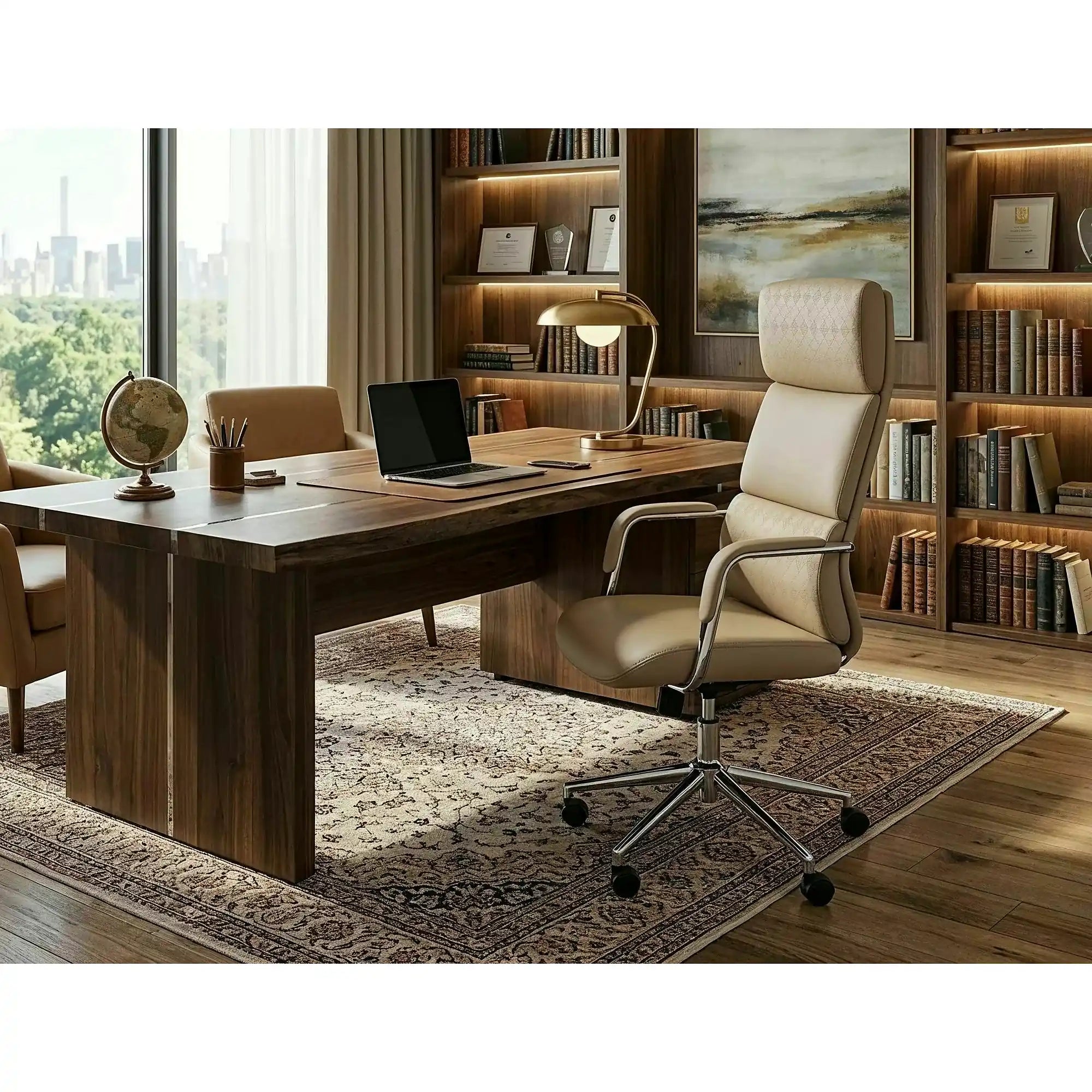 Scaun birou Q-03, bej, piele ecologică, 64x48x119 cm
