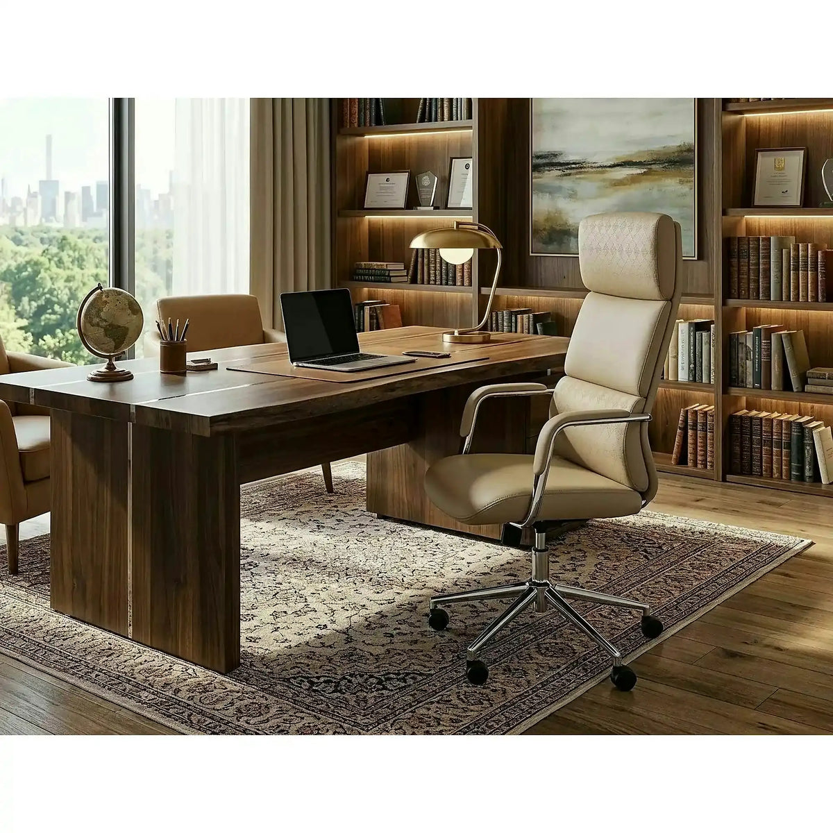 Scaun birou Q-03, bej, piele ecologică, 64x48x119 cm
