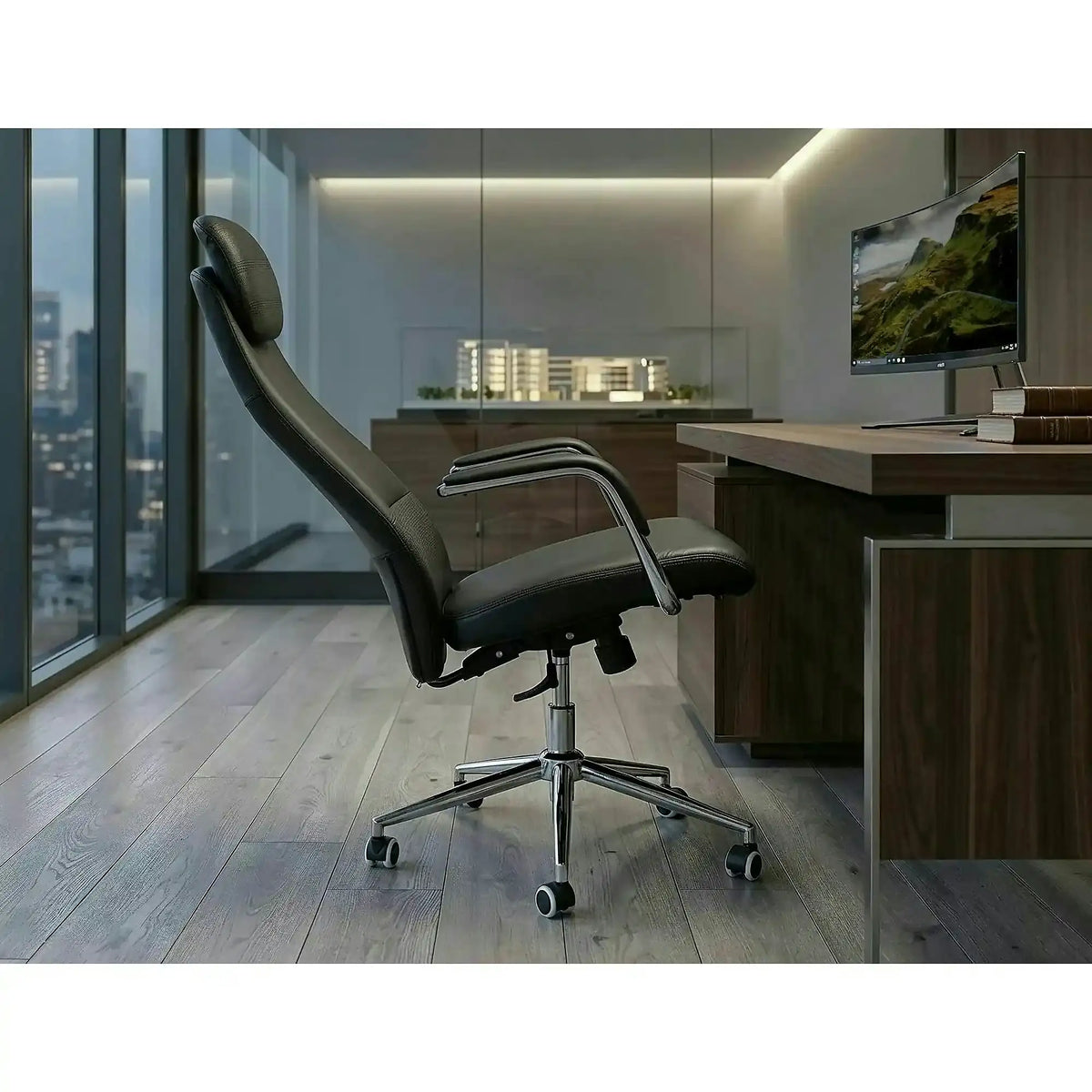 Scaun birou Q-05, negru, piele ecologică, 65x50x117 cm