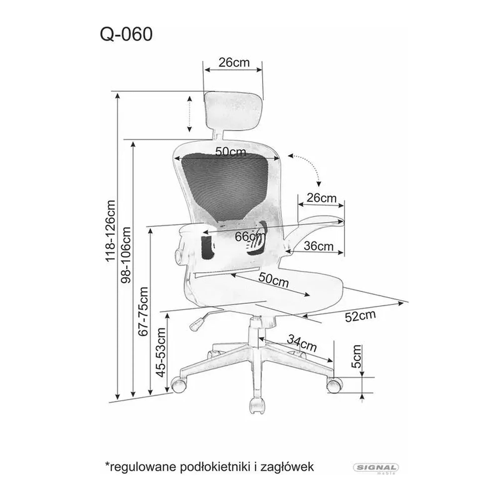 Scaun birou Q-060, negru, stofa/plasa, 66x50x118/126 cm