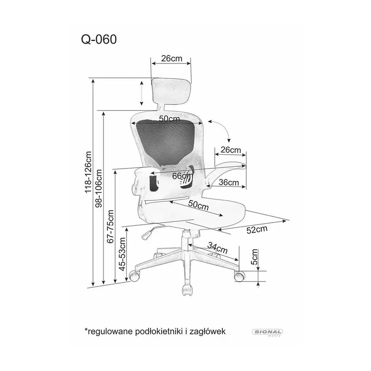 Scaun birou Q-060, negru, stofa/plasa, 66x50x118/126 cm