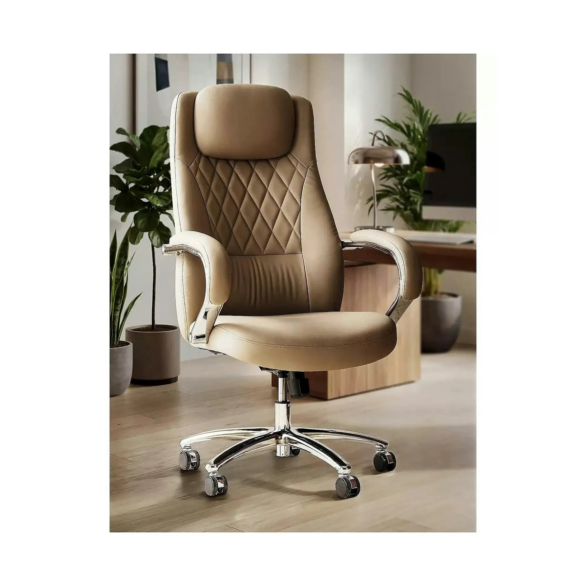 Scaun birou Q-07, bej, piele ecologică, 68x51x116 cm