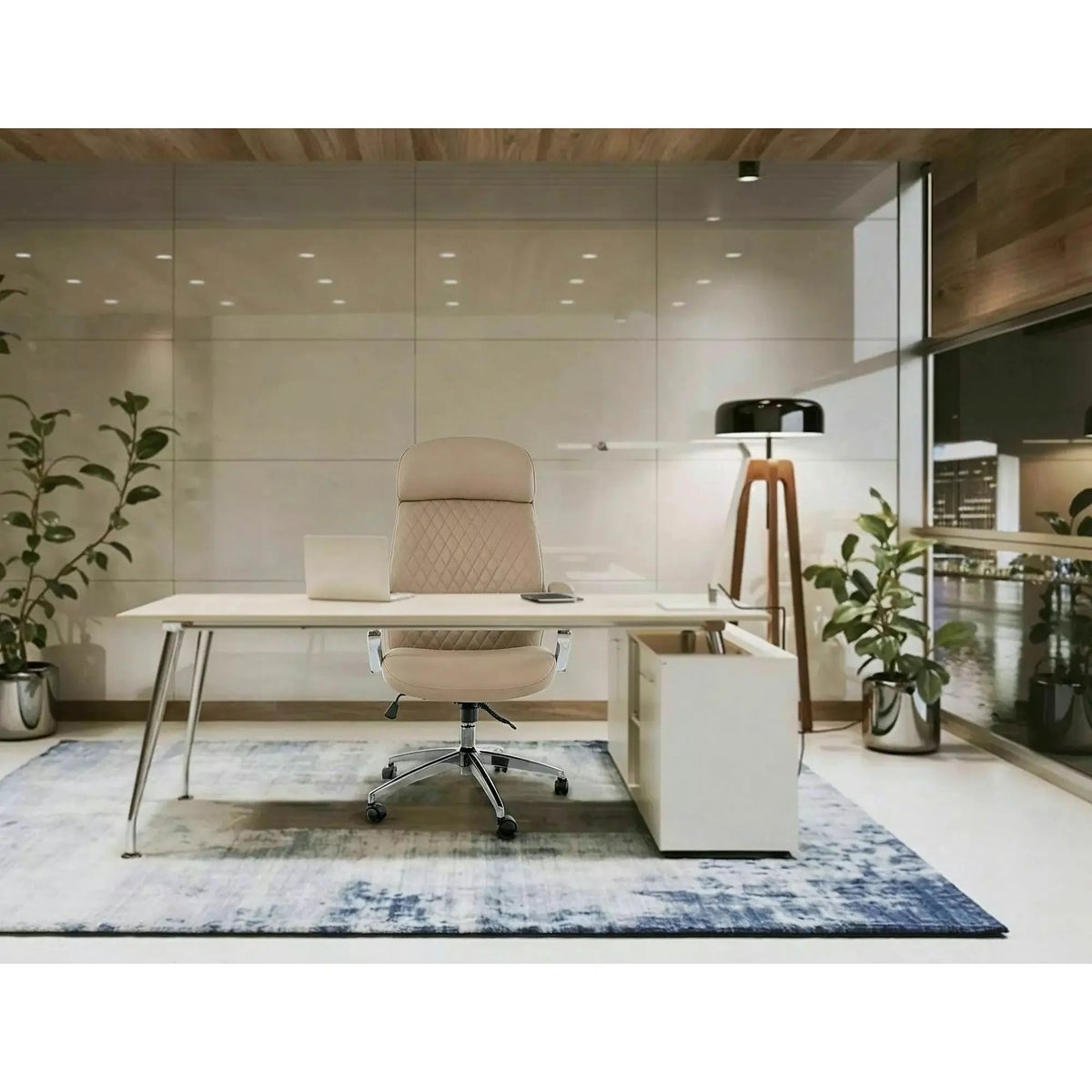 Scaun birou Q-09, bej, piele ecologică, 64x48x118 cm