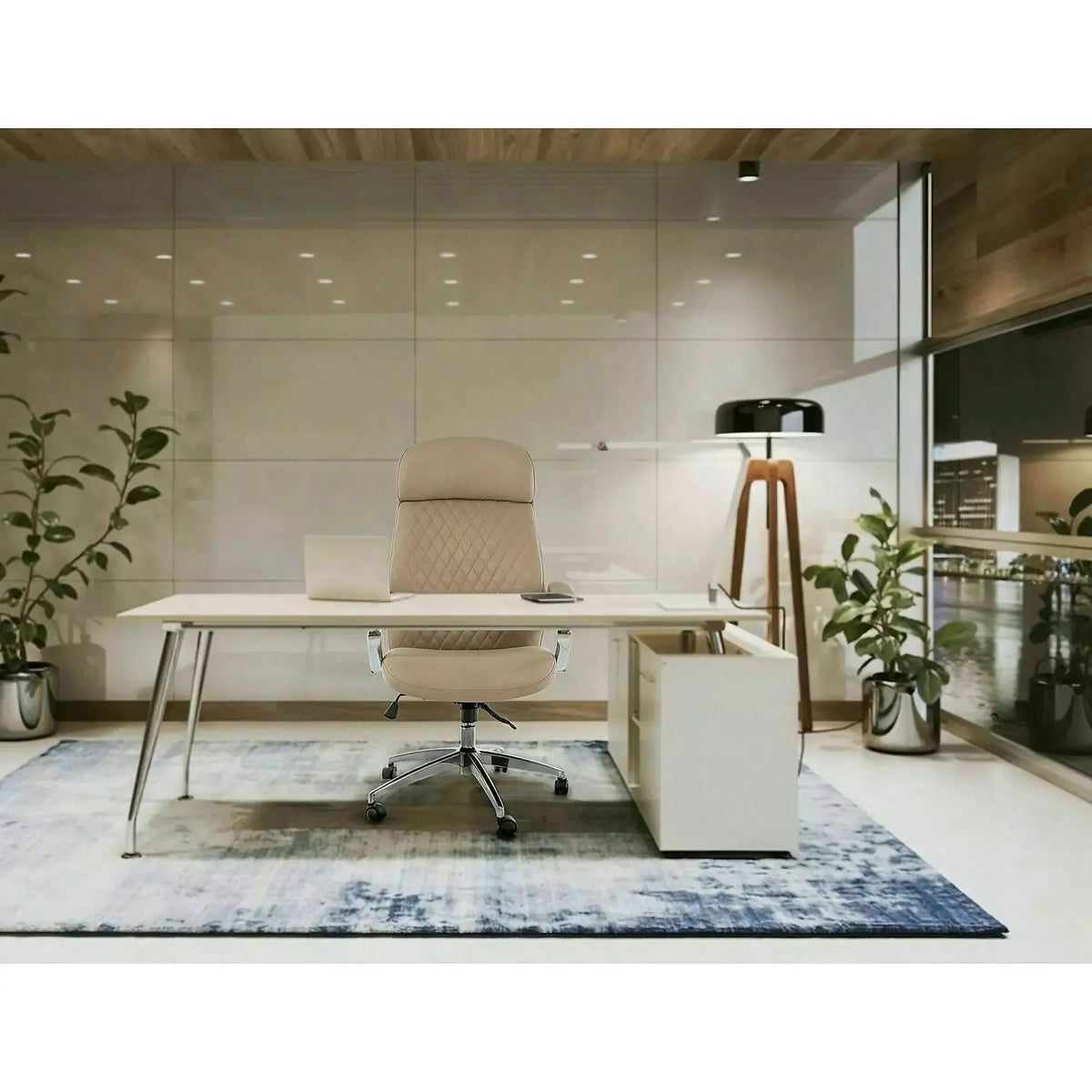 Scaun birou Q-09, bej, piele ecologică, 64x48x118 cm