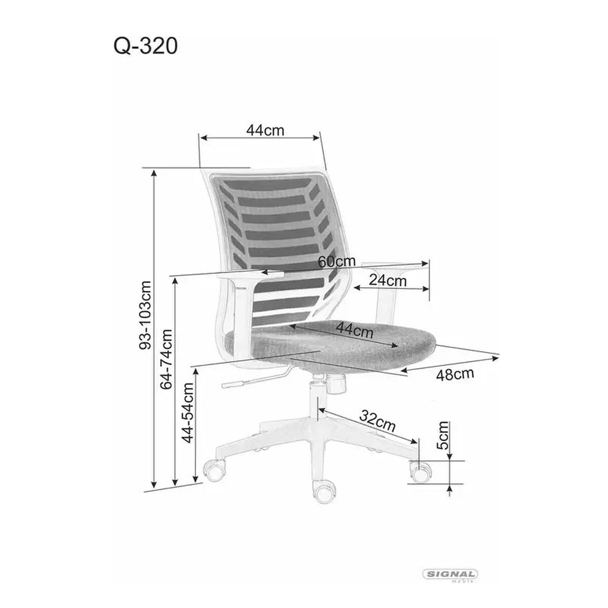 Scaun birou Q-320, gri/negru, stofa/plastic, 60x44x93/103 cm