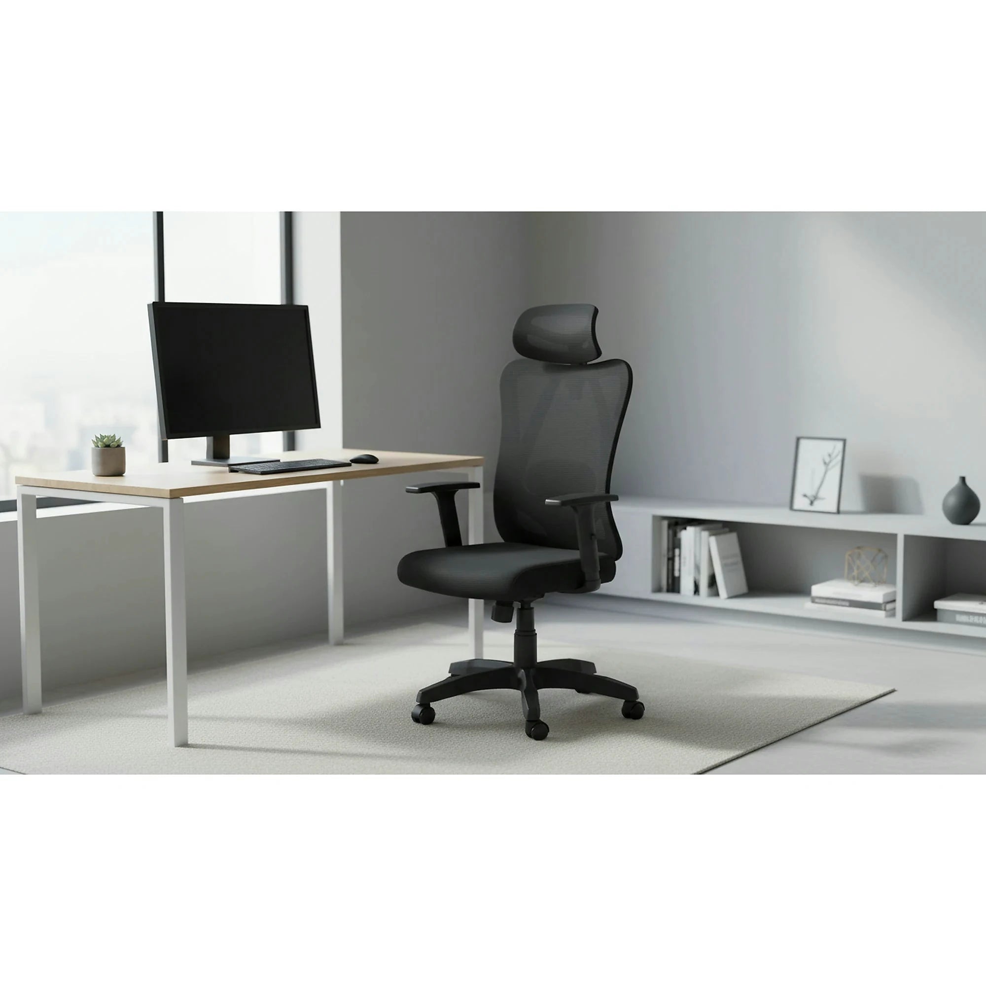 Scaun birou RAMOS, negru, panza/plasa, 65x60x121/129 cm
