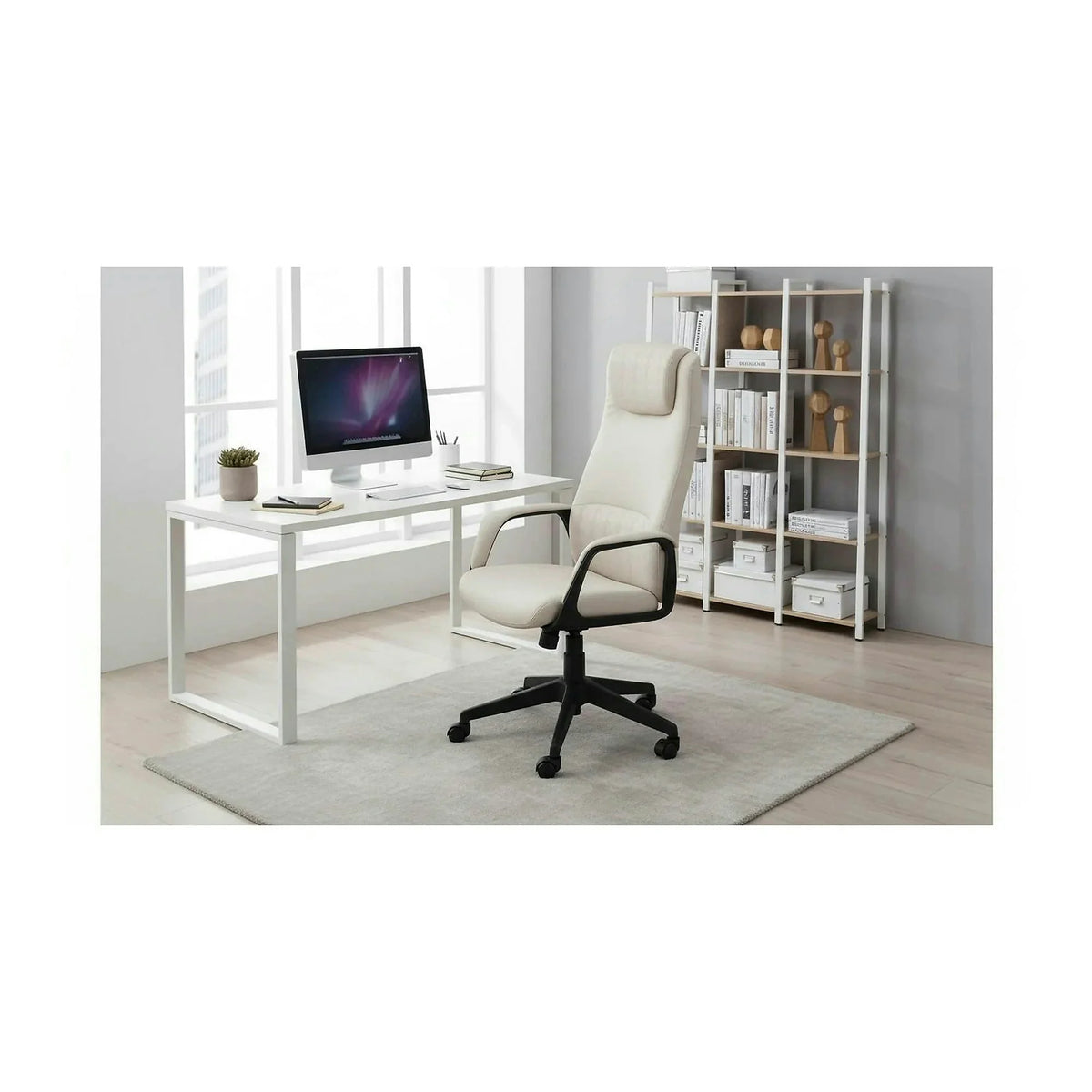 Scaun birou RAZOR, bej/negru, piele ecologica, 66x73x116-124 cm