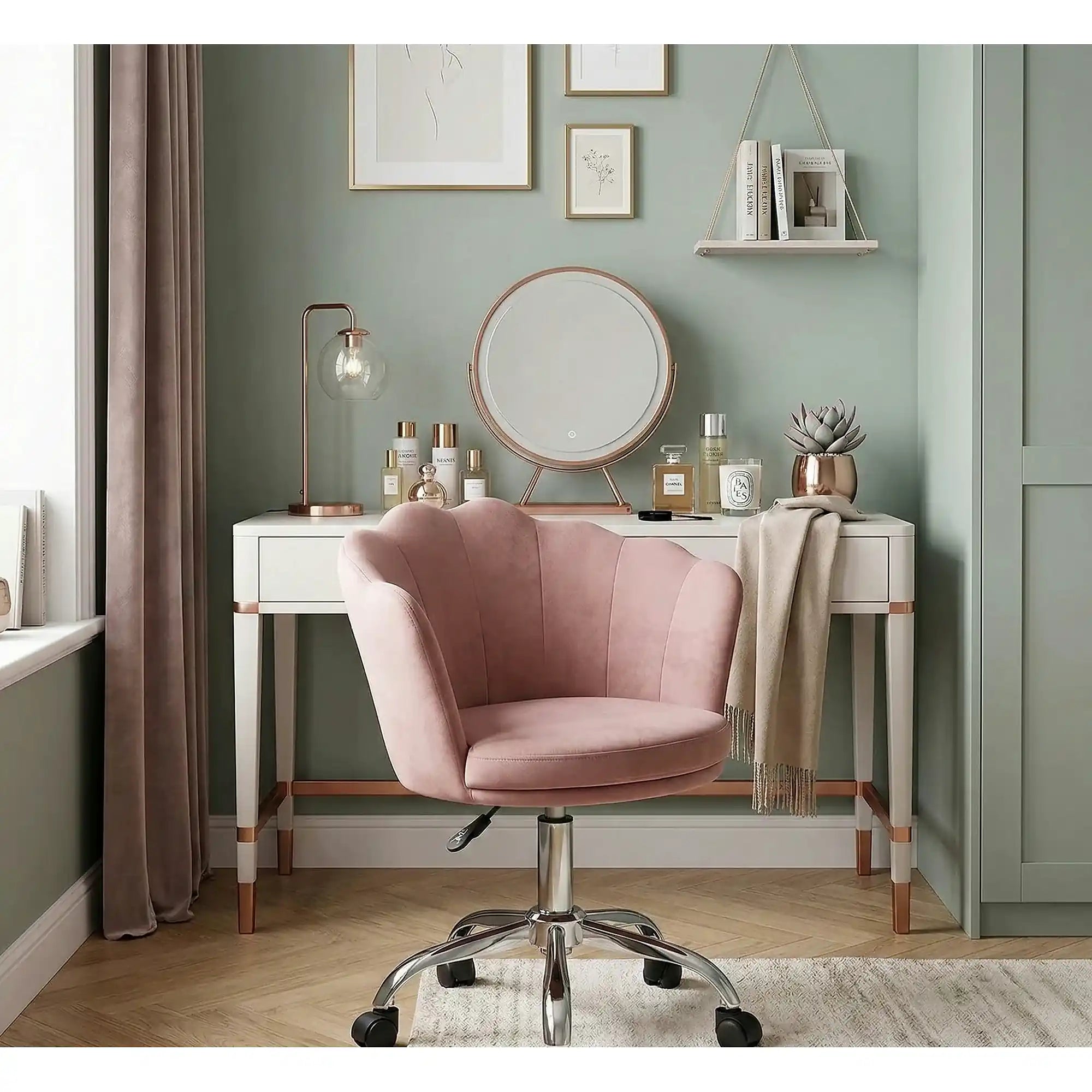 Scaun birou ROSE, roz/crom, stofa catifelata/metal, 56x41x74/83 cm