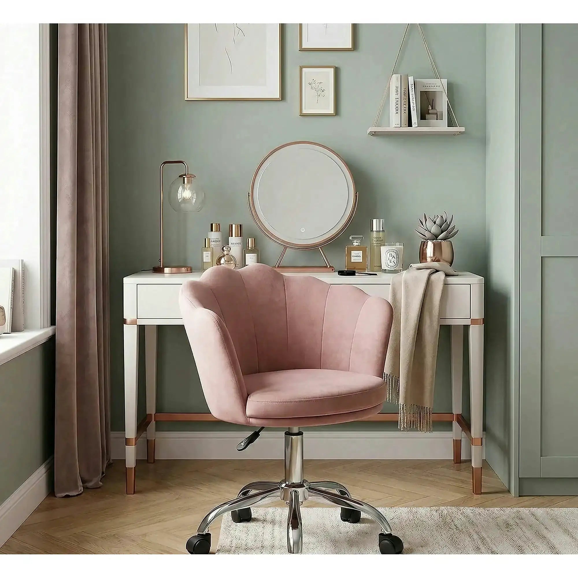 Scaun birou ROSE, roz/crom, stofa catifelata/metal, 56x41x74/83 cm