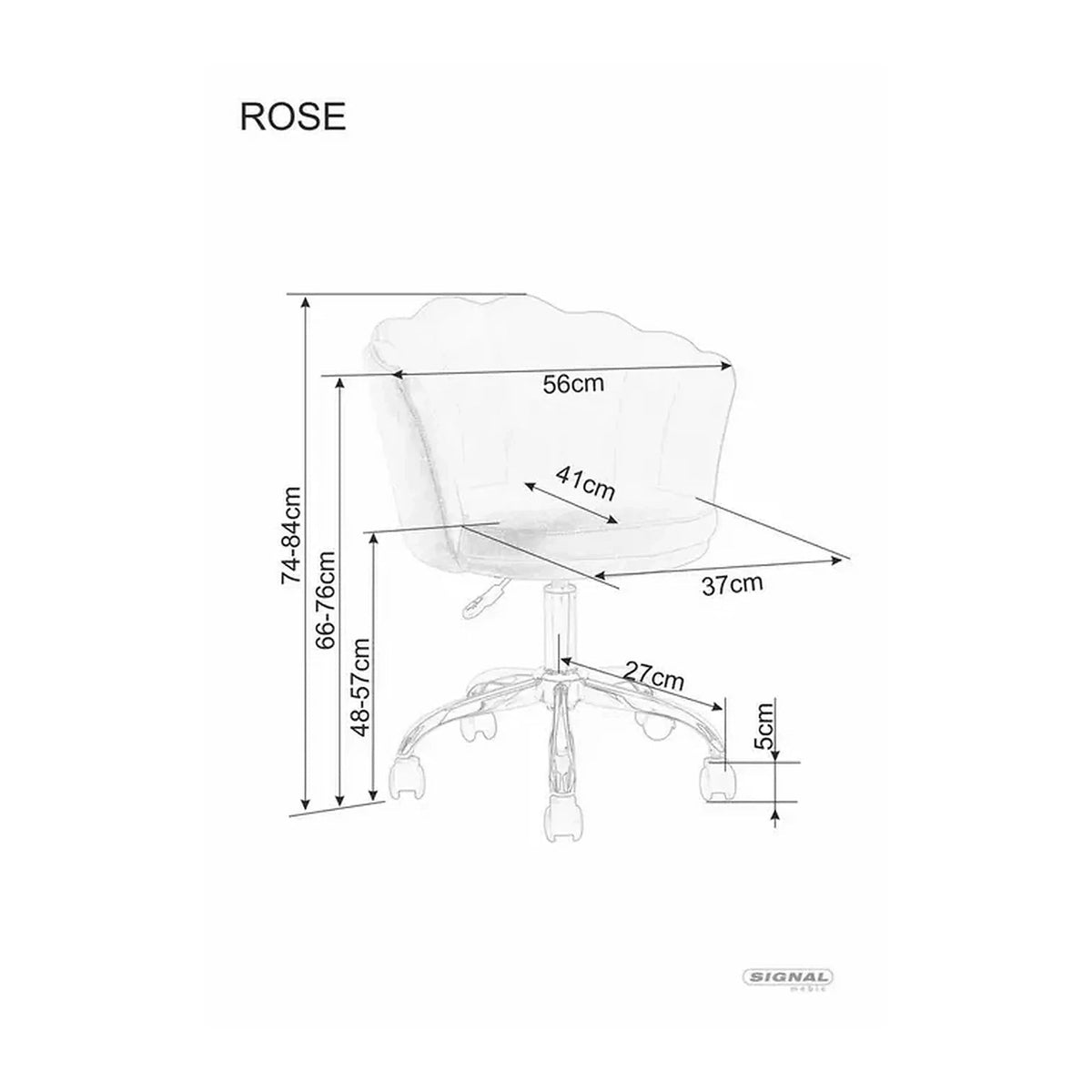 Scaun birou ROSE, roz/crom, stofa catifelata/metal, 56x41x74/83 cm