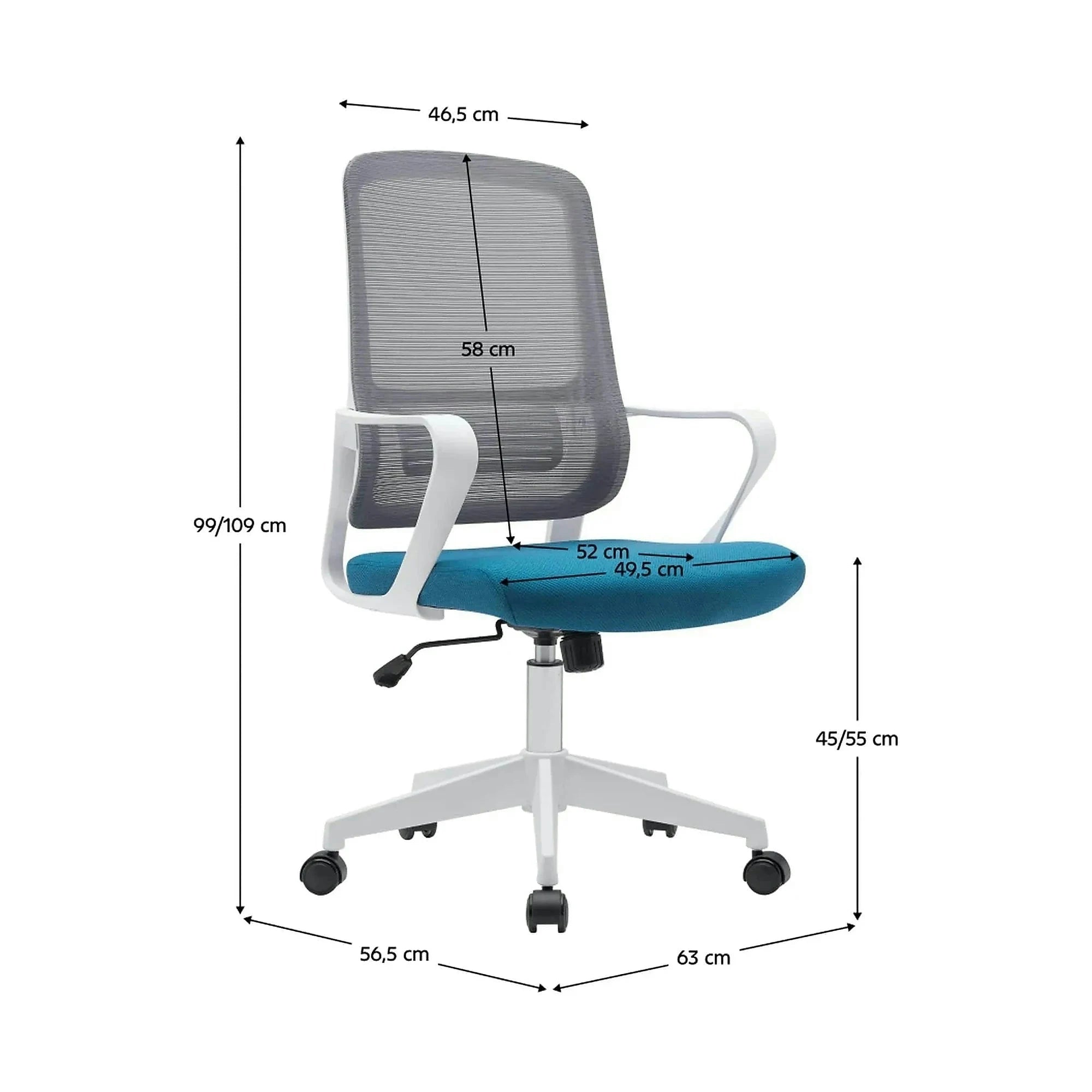 Scaun birou SALOMO TIP 1, gri/turcoaz/alb, plasa/stofa clasica/plastic, 63x57x99/109 cm