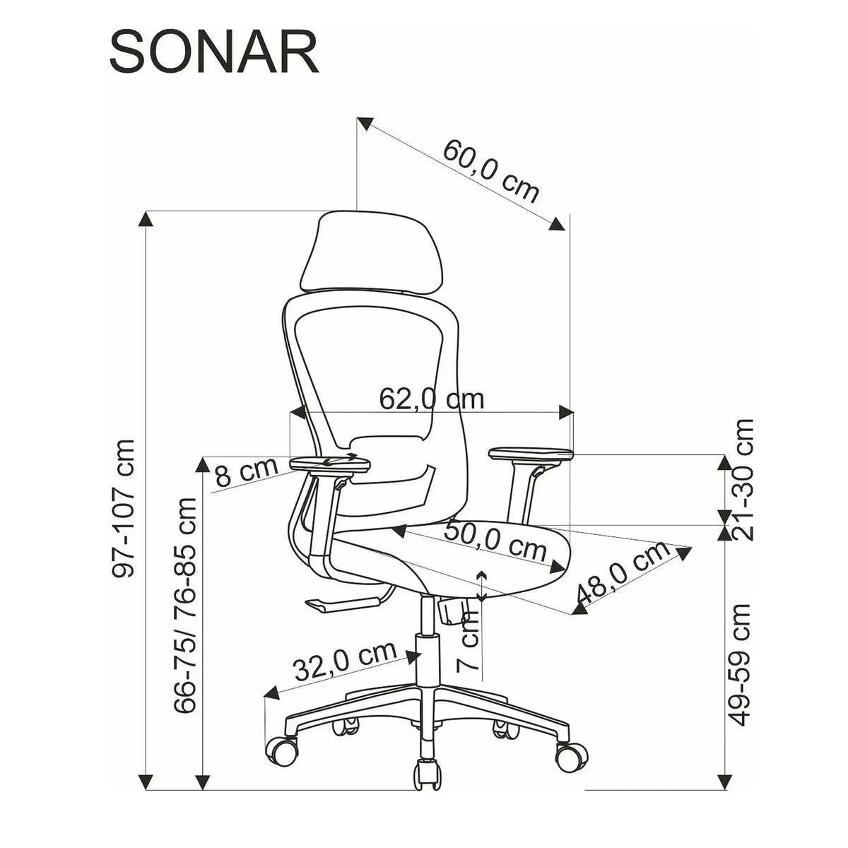 Scaun birou SONAR, negru, panza/plasa, 65x65x118/128 cm
