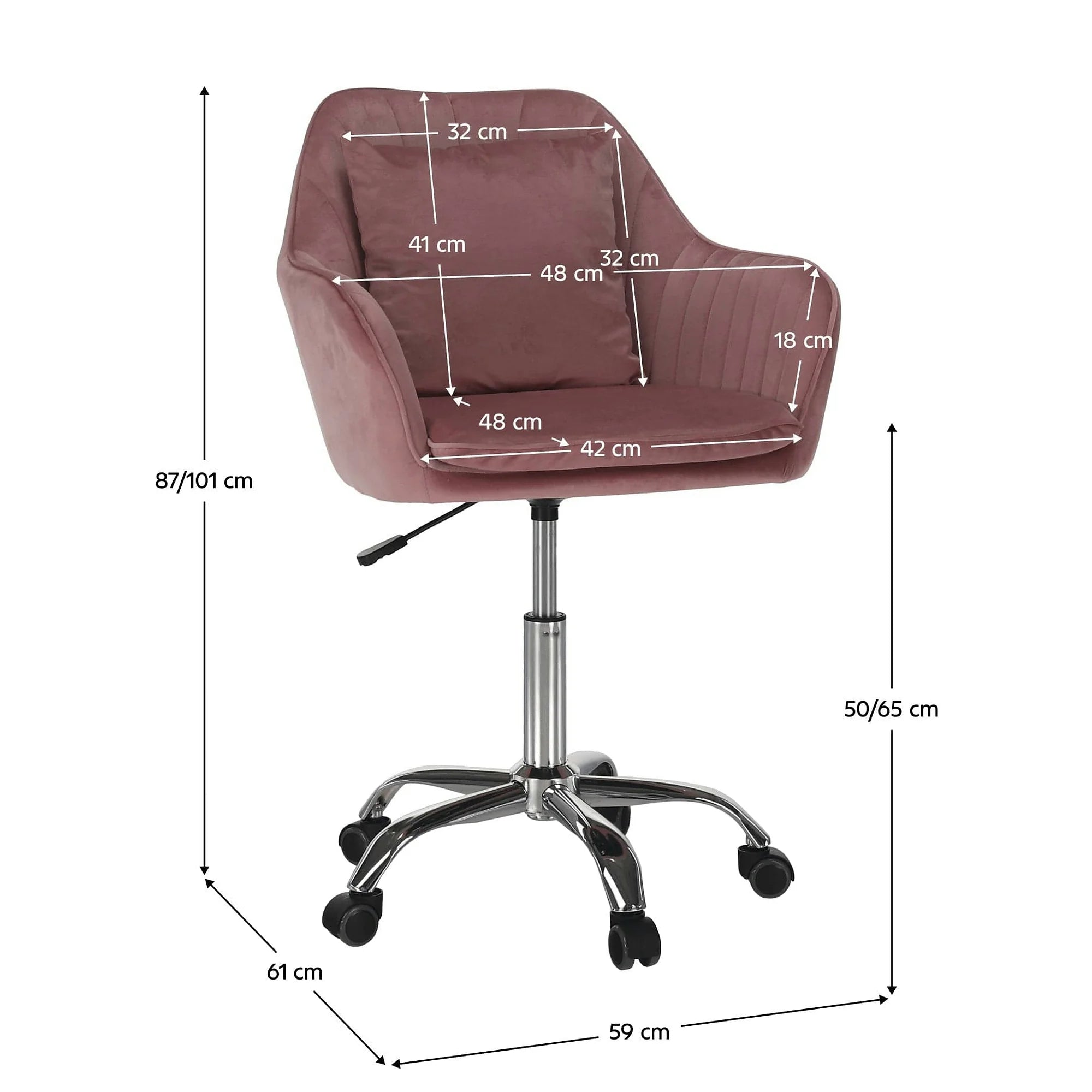 Scaun birou stofa catifelata KLIAN, roz/crom, 59x61x87/101 cm