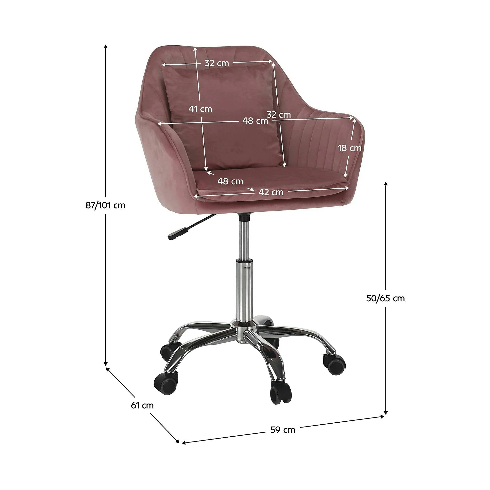 Scaun birou stofa catifelata KLIAN, roz/crom, 59x61x87/101 cm