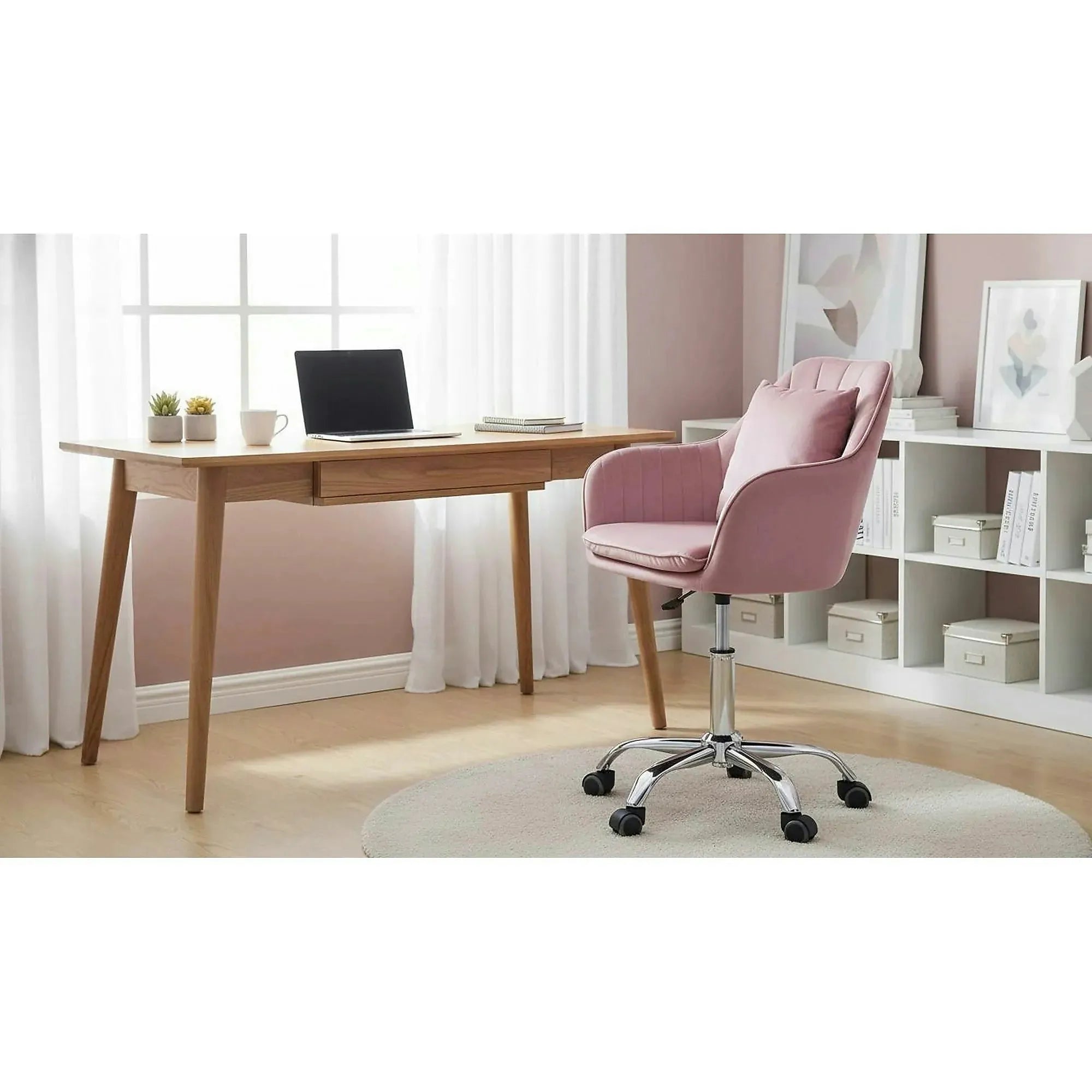 Scaun birou stofa catifelata KLIAN, roz/crom, 59x61x87/101 cm