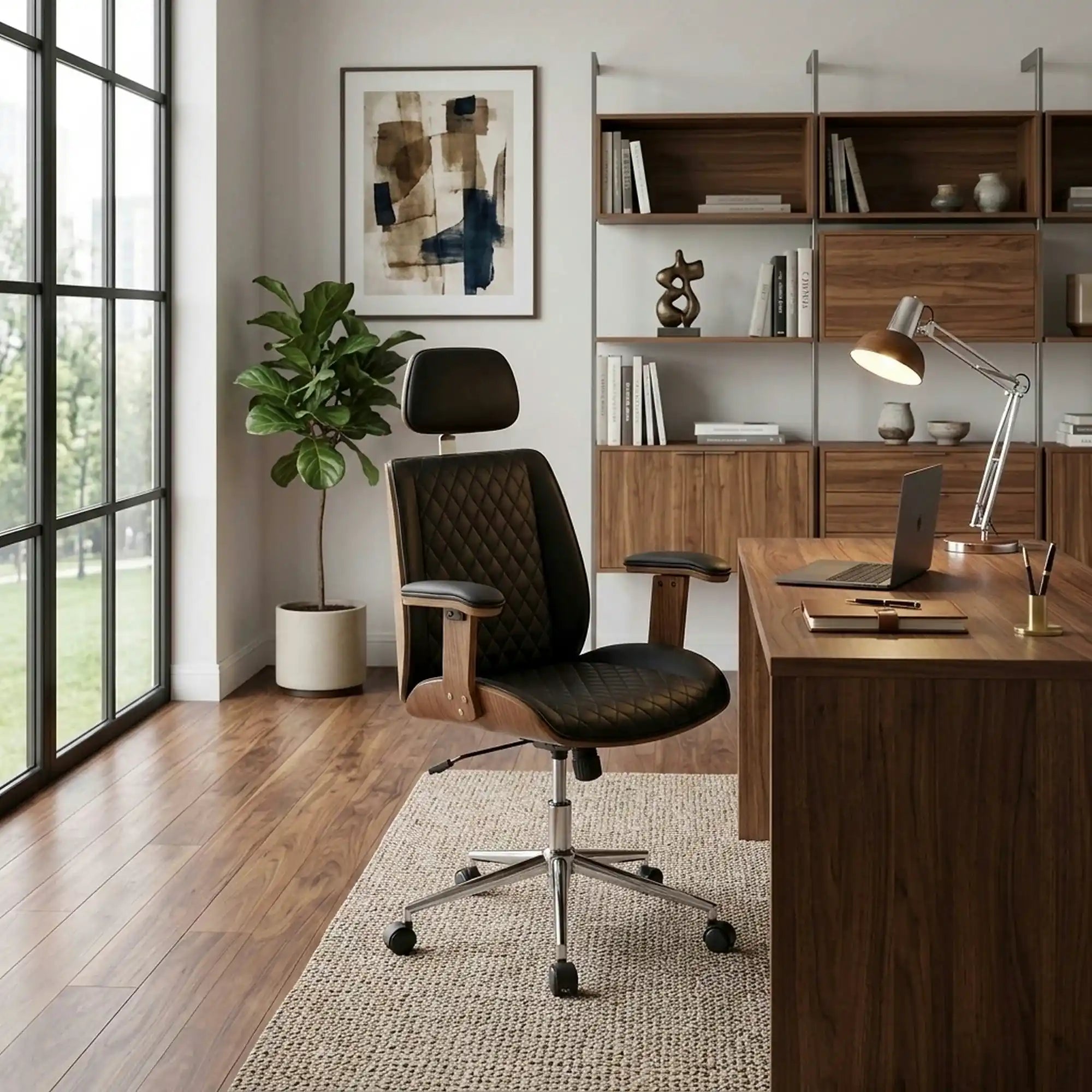 Scaun birou TIMBER, nuc/negru, piele ecologica/placaj indoit, 72x68x114/122 cm