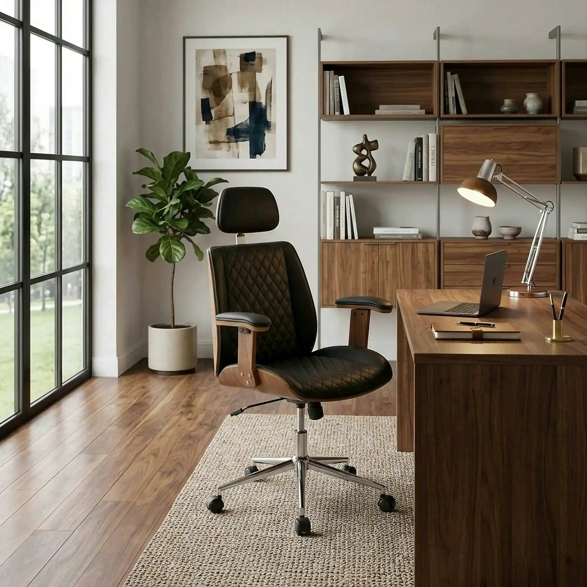 Scaun birou TIMBER, nuc/negru, piele ecologica/placaj indoit, 72x68x114/122 cm