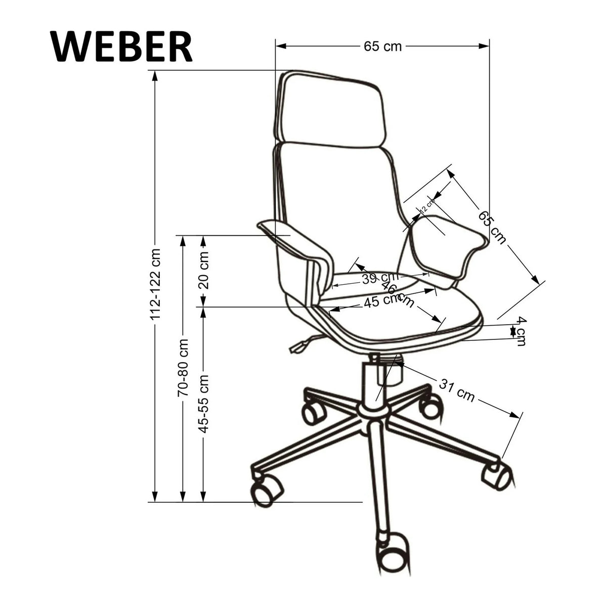 Scaun birou WEBER, negru/nuc, piele ecologica/metal, 65x65x112-122 cm