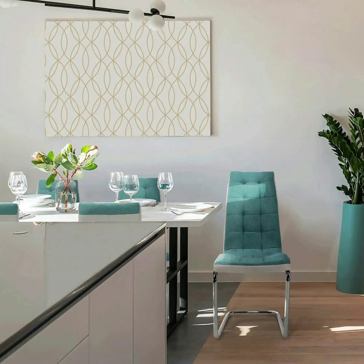 Scaun bucatarie SALOMA NEW, textil/piele ecologica/metal, mentol/gri/crom, 42x57x105 cm