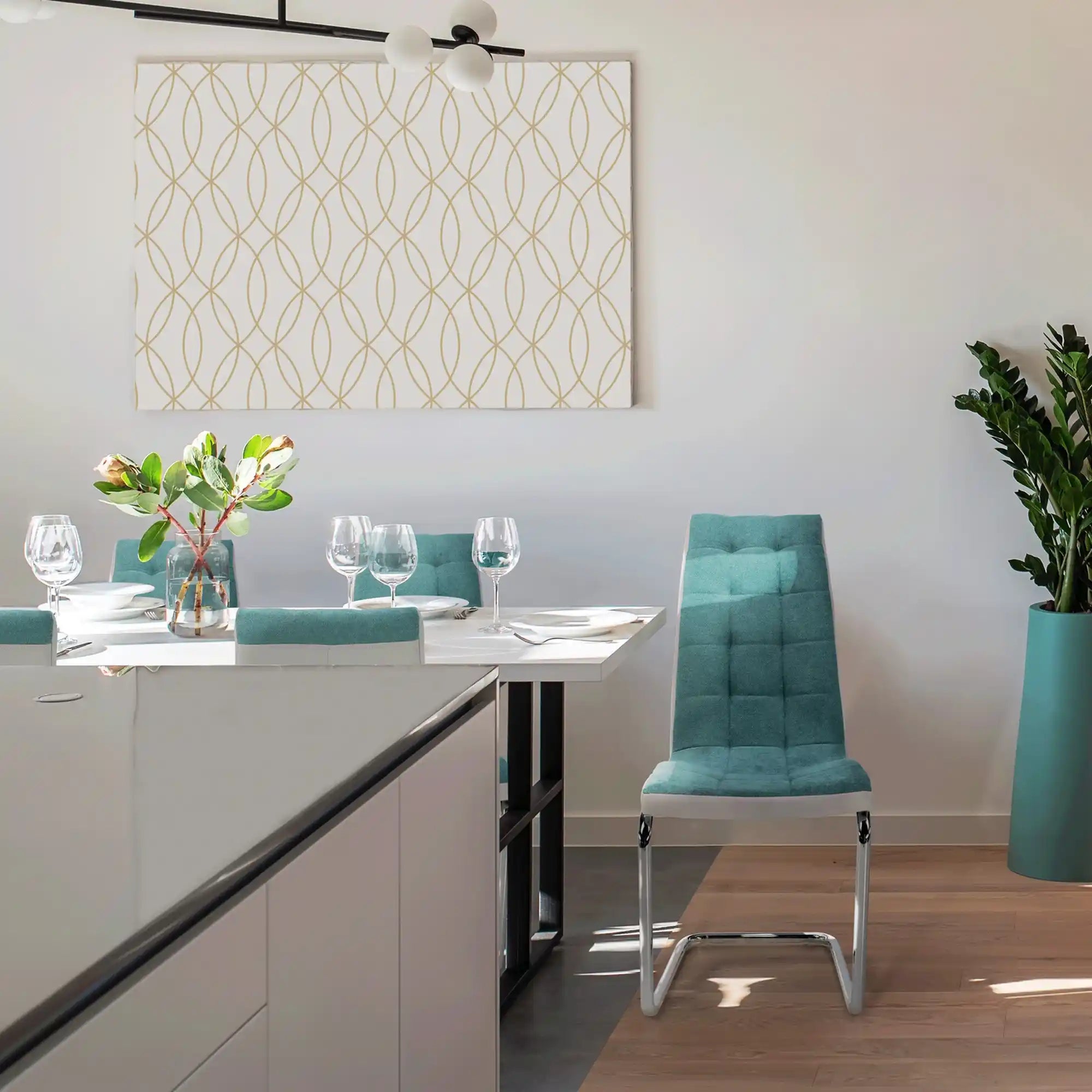 Scaun bucatarie SALOMA NEW, textil/piele ecologica/metal, mentol/gri/crom, 42x57x105 cm