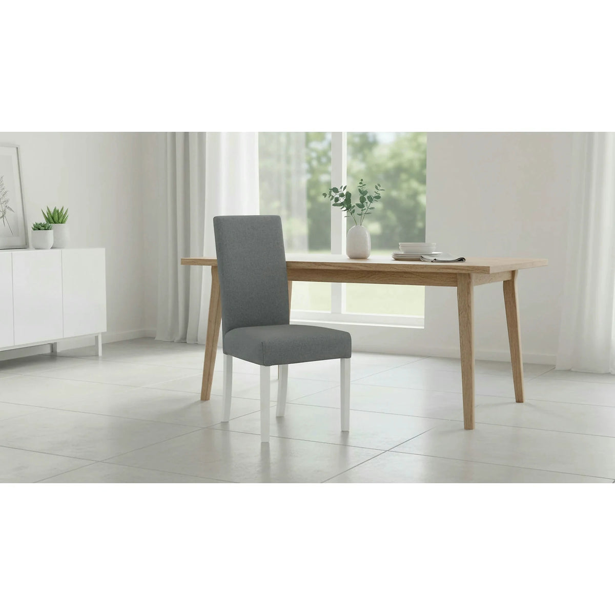Scaun CAMPEL, gri deschis/alb, stofa clasica/lemn, 46x55x96 cm