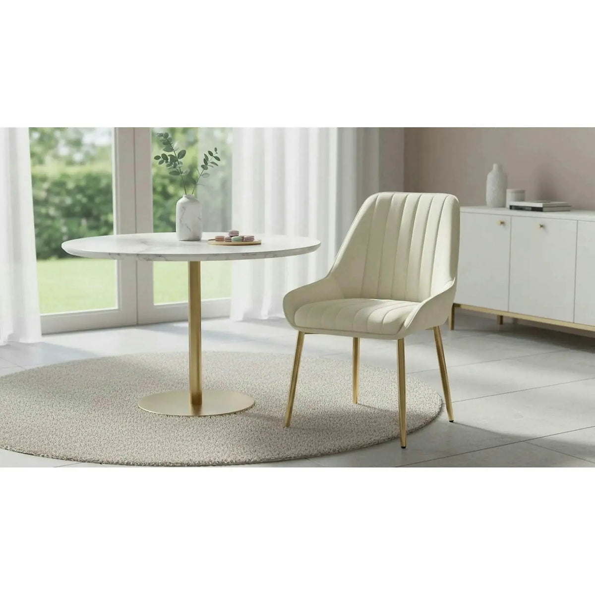 Scaun catifea dining PERLIA, bej/auriu, stofa catifelata/metal, 56x62x89 cm